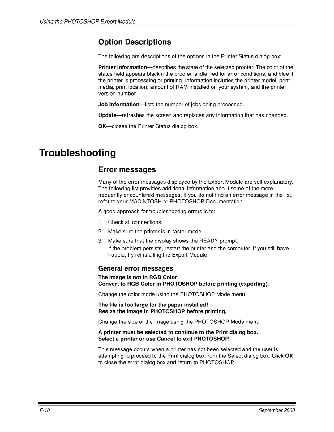 Kodak 20R manual Troubleshooting, Error messages, General error messages 