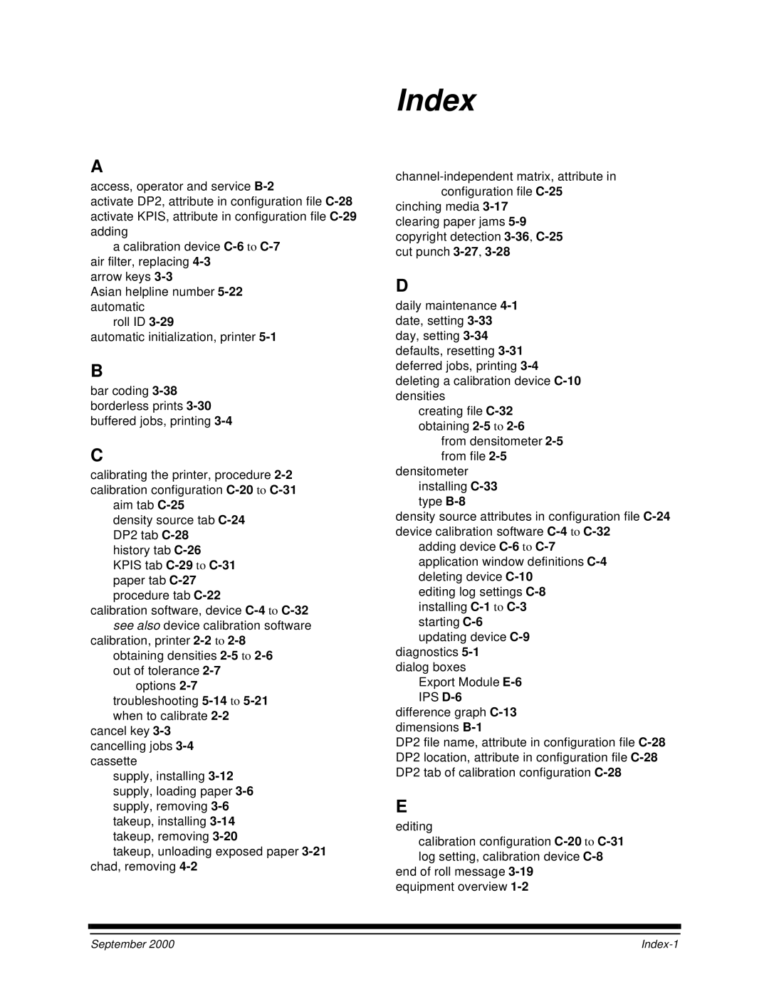 Kodak 20R manual Index, Kpis tab C-29to C-31paper tab C-27procedure tab C-22 