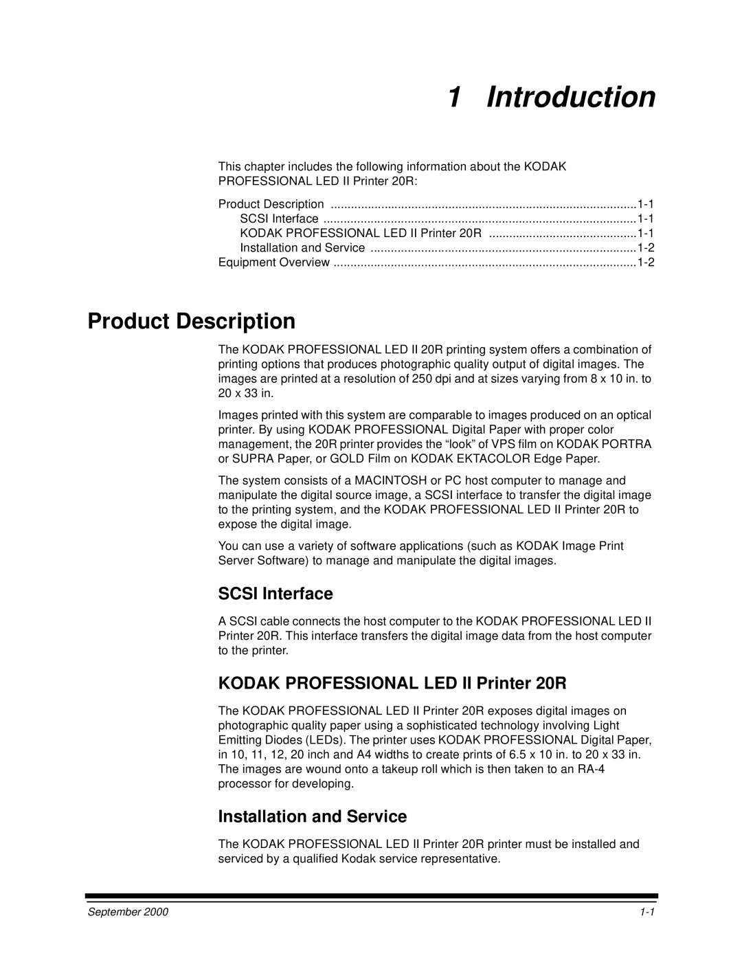 Kodak manual Product Description, Scsi Interface, Kodak Professional LED II Printer 20R, Installation and Service 