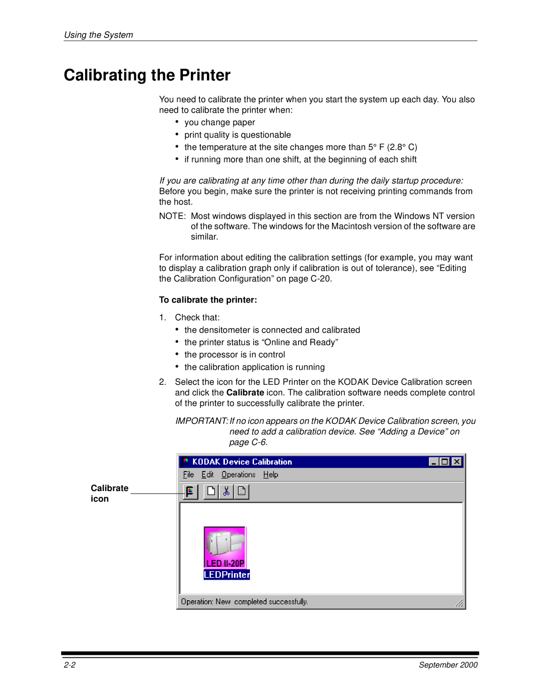 Kodak 20R manual Calibrating the Printer, To calibrate the printer, Calibrate icon 