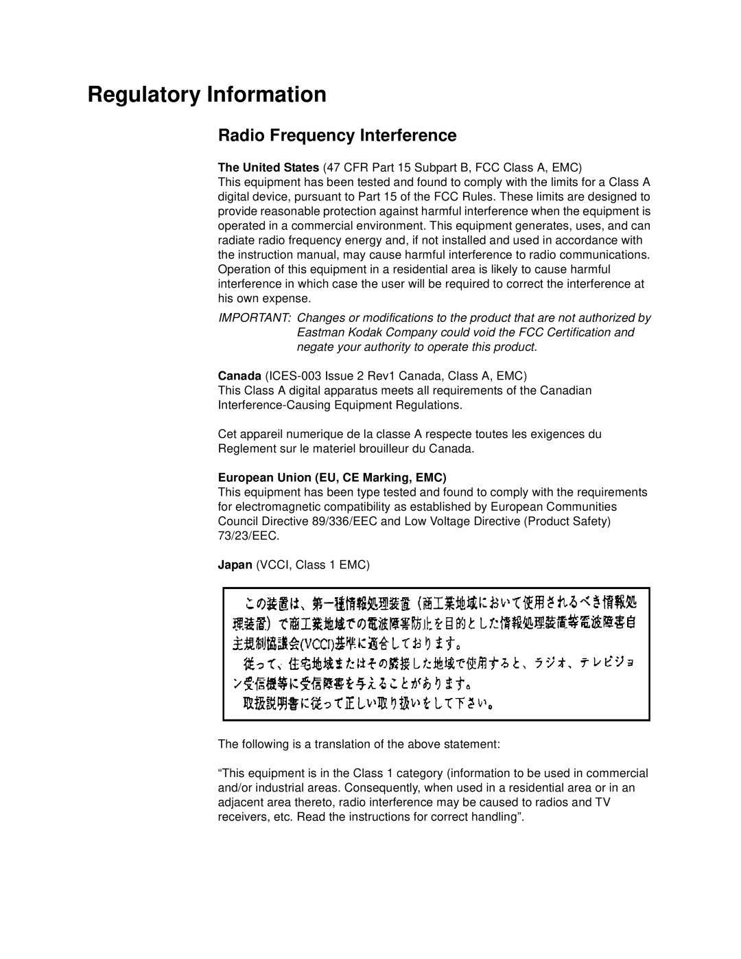 Kodak 20R manual Regulatory Information, Radio Frequency Interference, European Union EU, CE Marking, EMC 