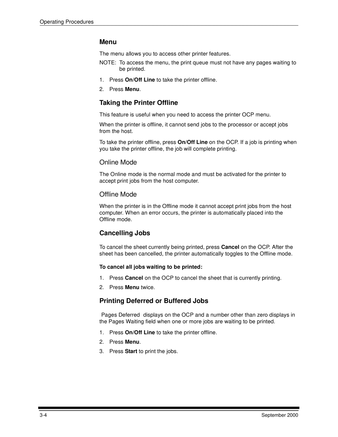 Kodak 20R manual Menu, Taking the Printer Offline, Cancelling Jobs, Printing Deferred or Buffered Jobs 