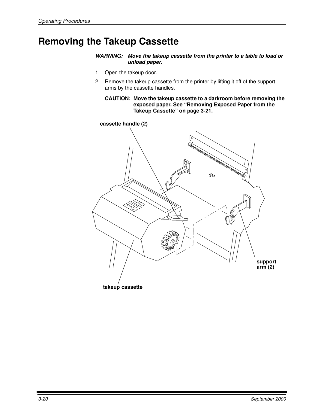 Kodak 20R manual Removing the Takeup Cassette, Cassette handle Support arm Takeup cassette 