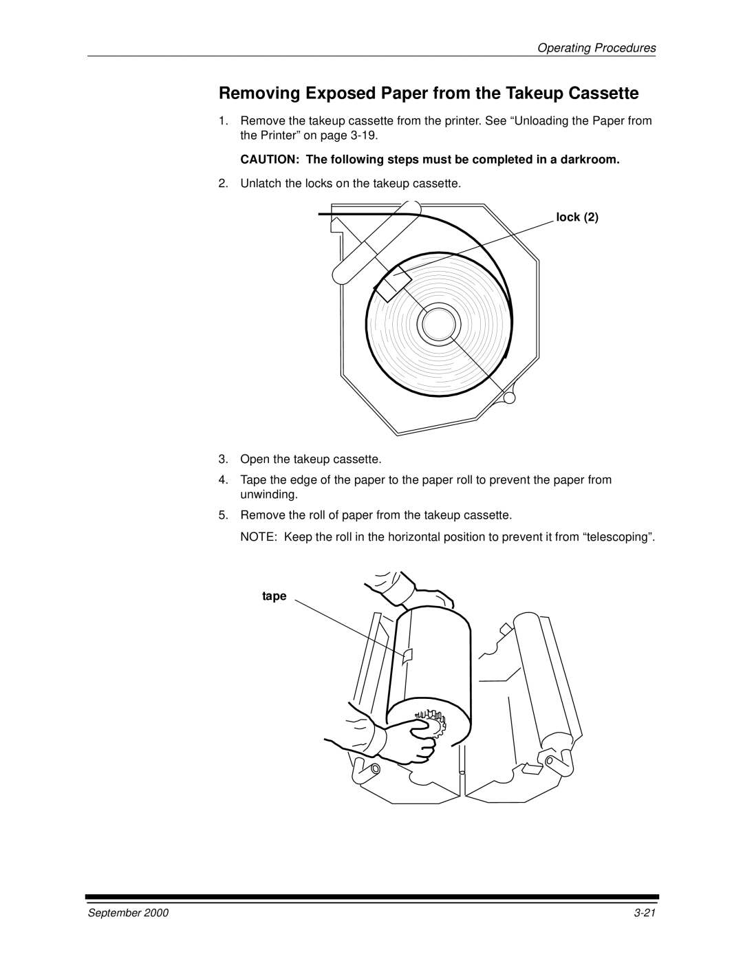 Kodak 20R manual Removing Exposed Paper from the Takeup Cassette, Tape 