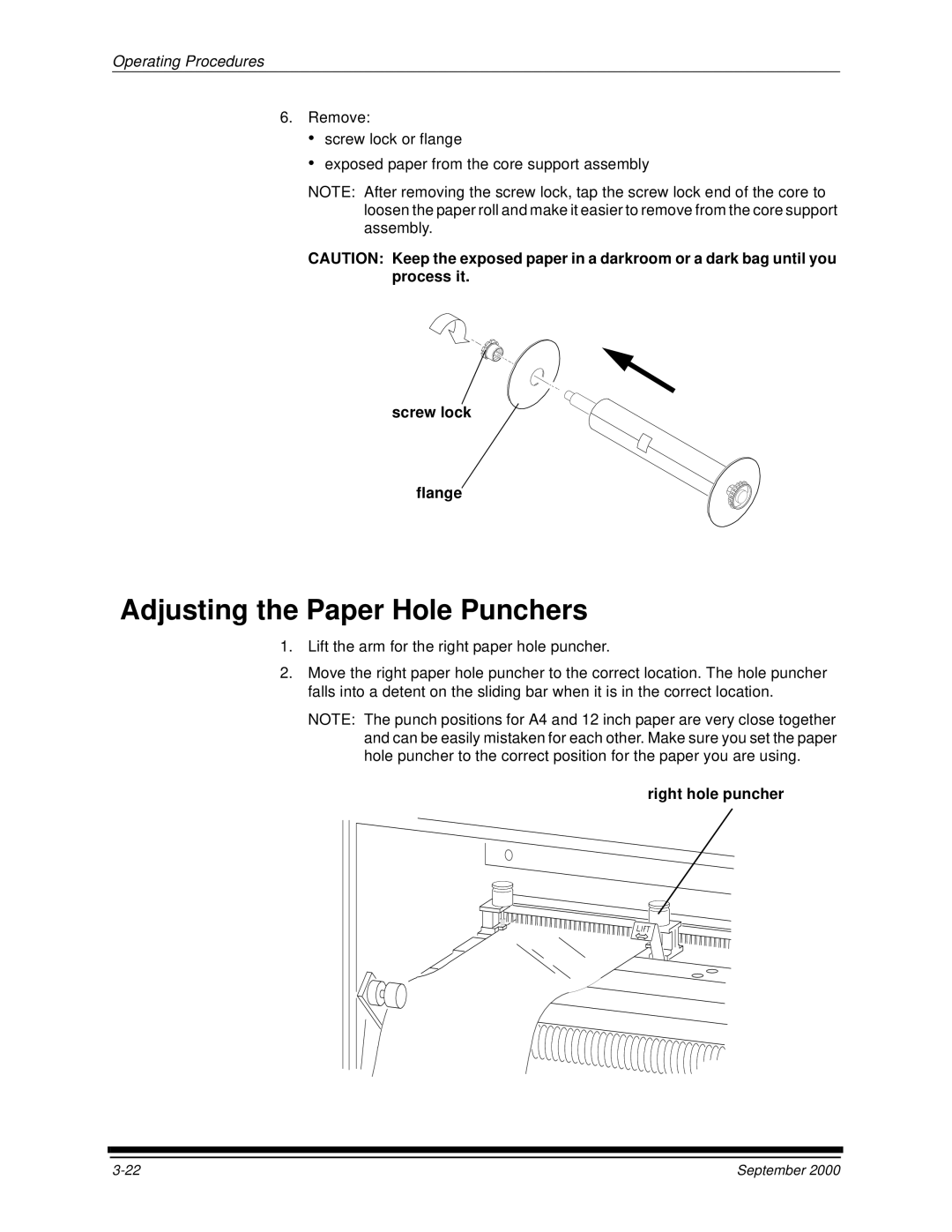 Kodak 20R manual Adjusting the Paper Hole Punchers, Screw lock Flange, Right hole puncher 