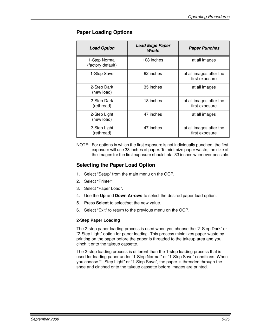 Kodak 20R manual Selecting the Paper Load Option, Load Option Lead Edge Paper Paper Punches Waste, Step Paper Loading 