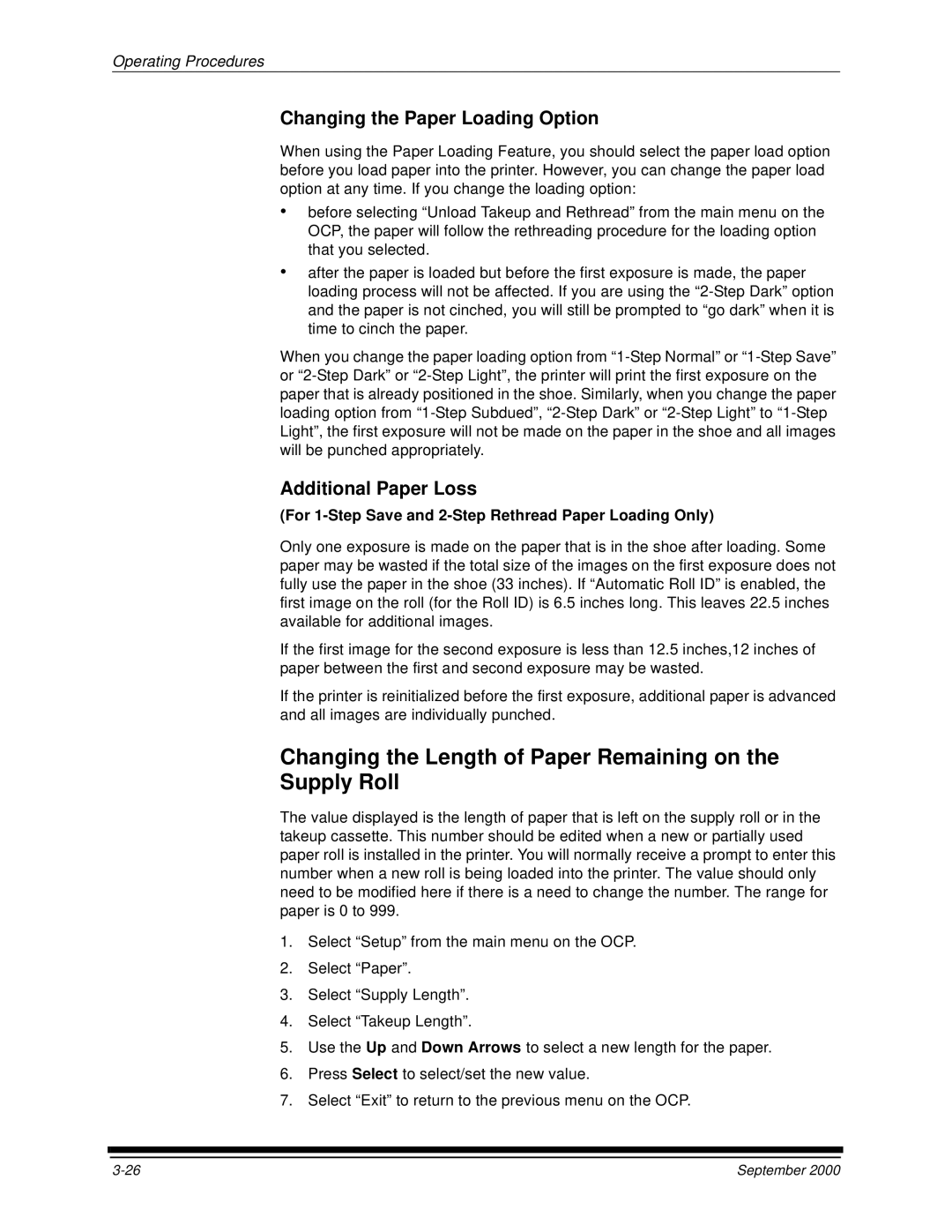 Kodak 20R manual Changing the Length of Paper Remaining on the Supply Roll, Changing the Paper Loading Option 