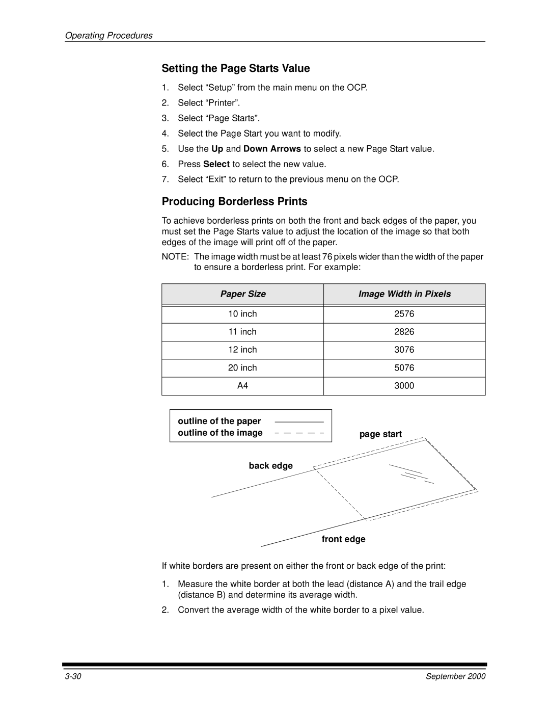 Kodak 20R manual Setting the Page Starts Value, Producing Borderless Prints, Paper Size Image Width in Pixels 