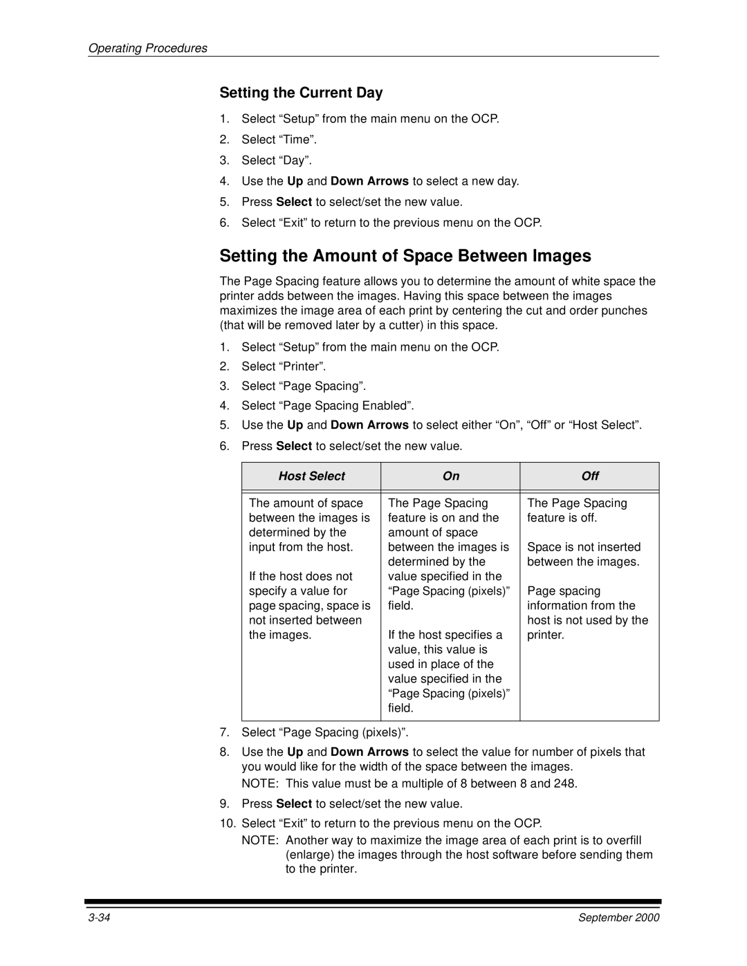 Kodak 20R manual Setting the Amount of Space Between Images, Setting the Current Day, Host Select Off 