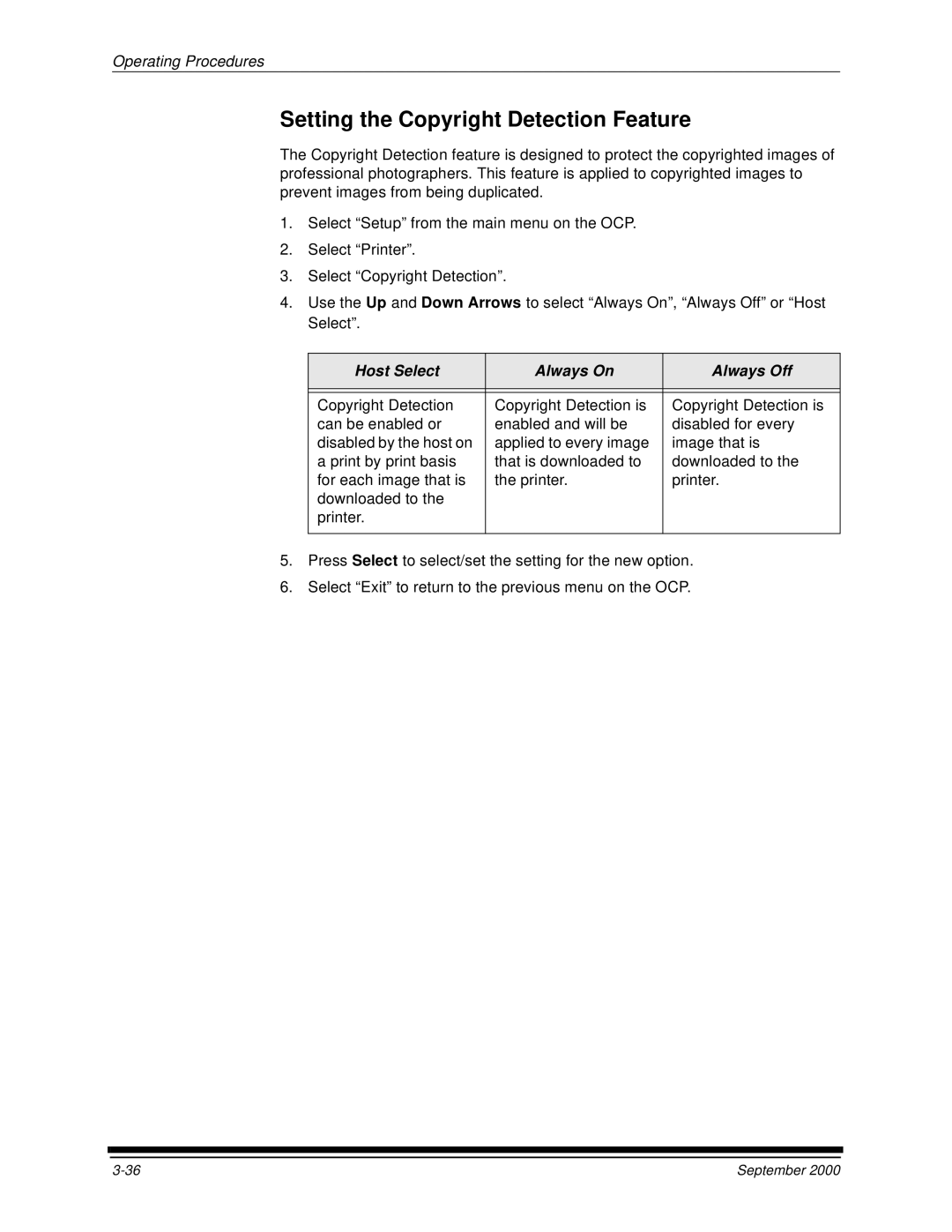 Kodak 20R manual Setting the Copyright Detection Feature, Host Select Always On Always Off 