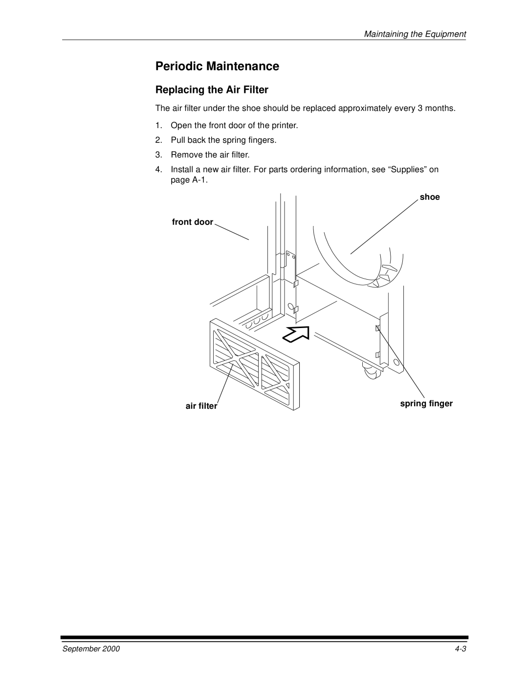 Kodak 20R manual Periodic Maintenance, Replacing the Air Filter, Shoe Front door Air filter Spring finger 