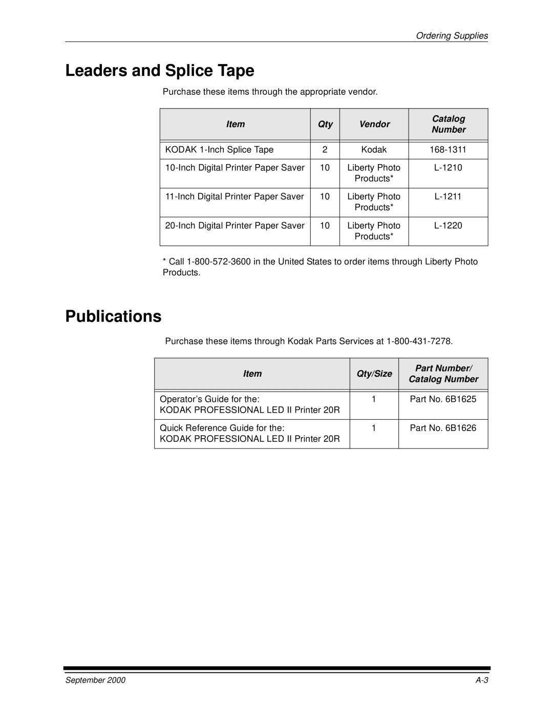 Kodak 20R manual Leaders and Splice Tape, Publications, Qty Vendor Catalog Number, Qty/Size Part Number Catalog Number 