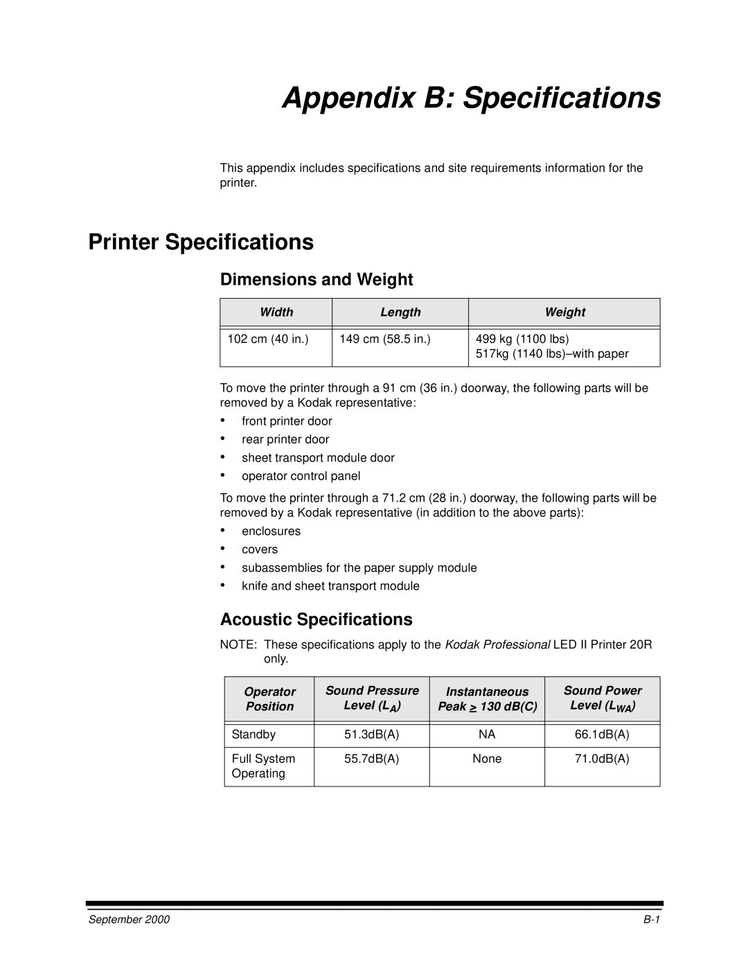 Kodak 20R manual Printer Specifications, Dimensions and Weight, Acoustic Specifications, Width Length Weight 