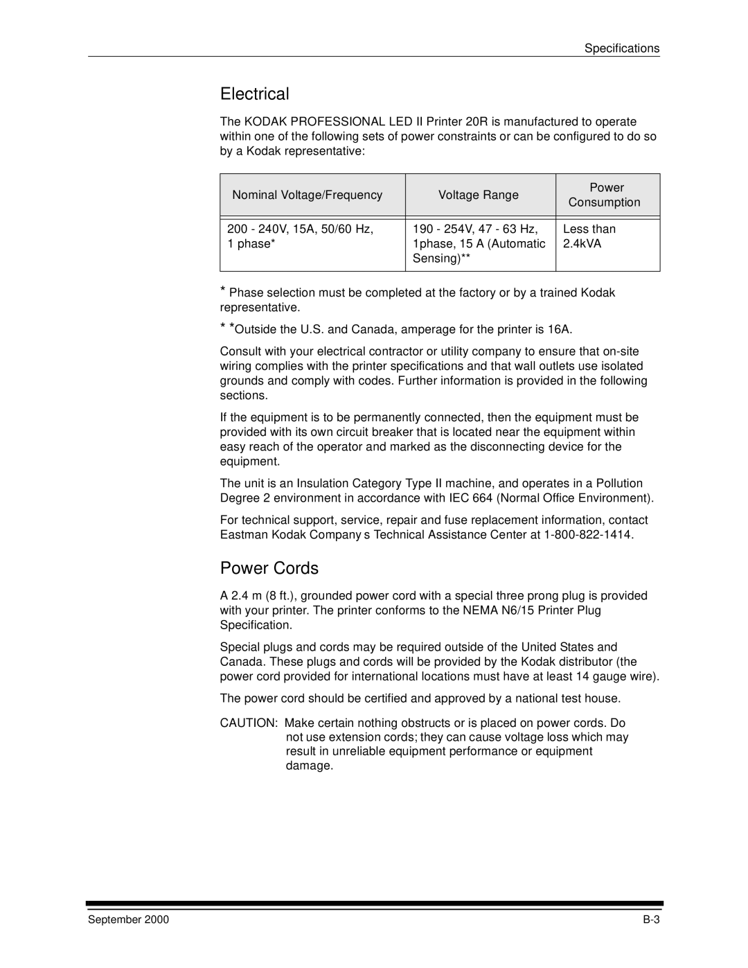 Kodak 20R manual Electrical, Power Cords, Nominal Voltage/Frequency Voltage Range Power Consumption 