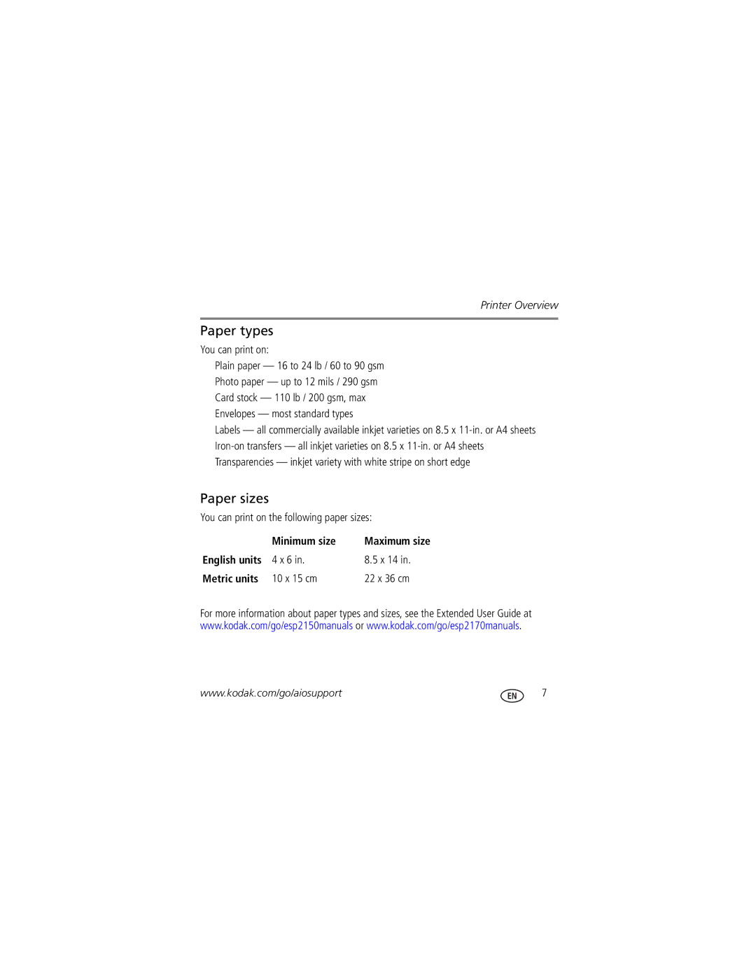 Kodak 2100 manual Paper types, Paper sizes, Minimum size, English units, Metric units 