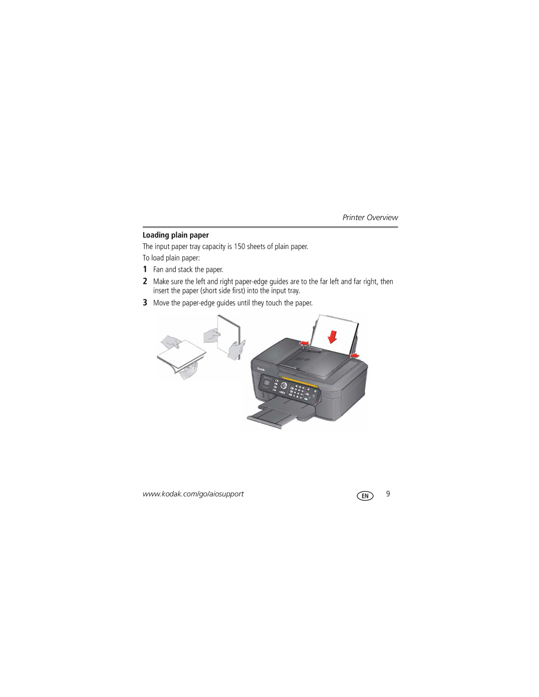 Kodak 2100 manual Loading plain paper, Move the paper-edge guides until they touch the paper 