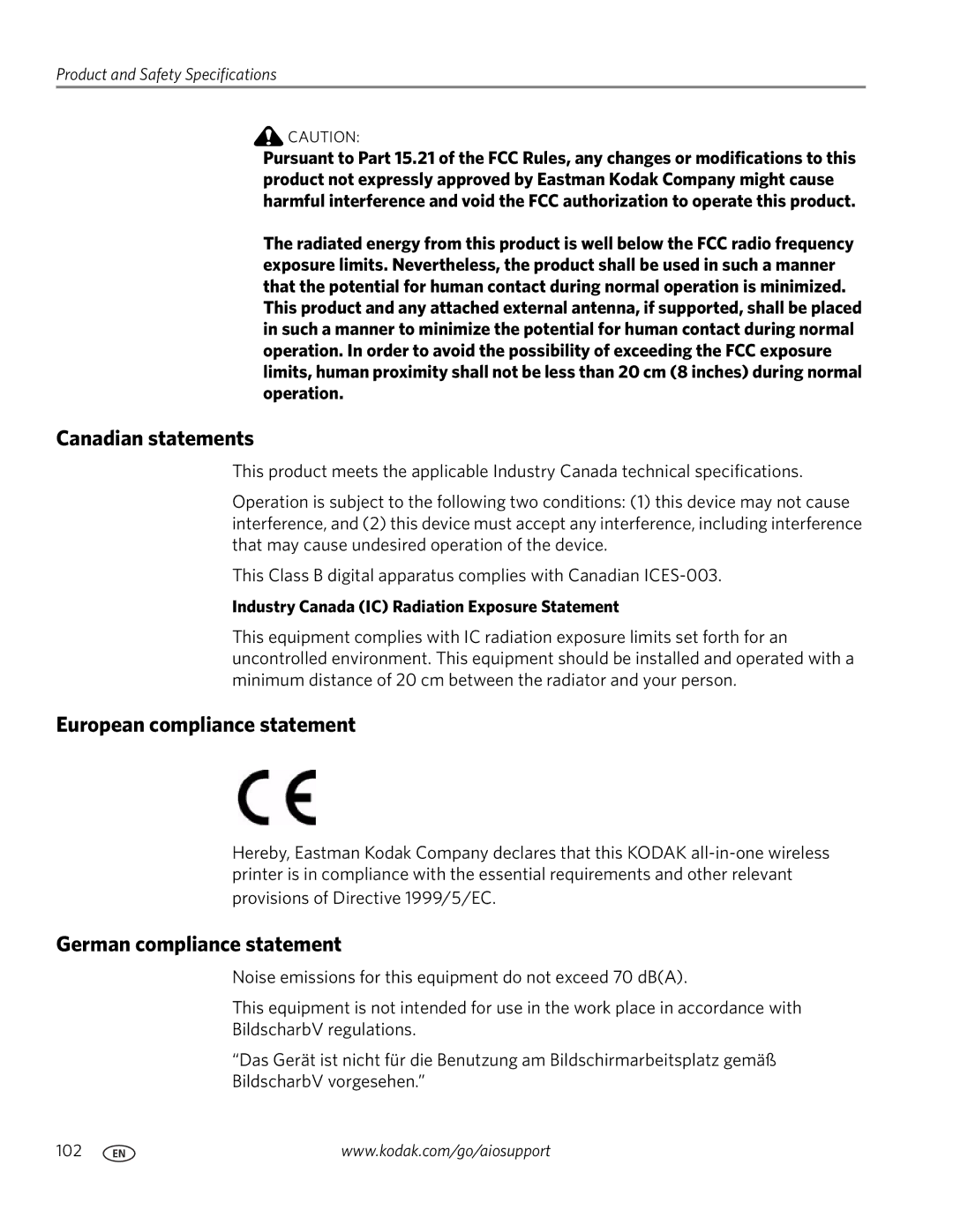 Kodak 2100 manual Canadian statements, European compliance statement, German compliance statement 