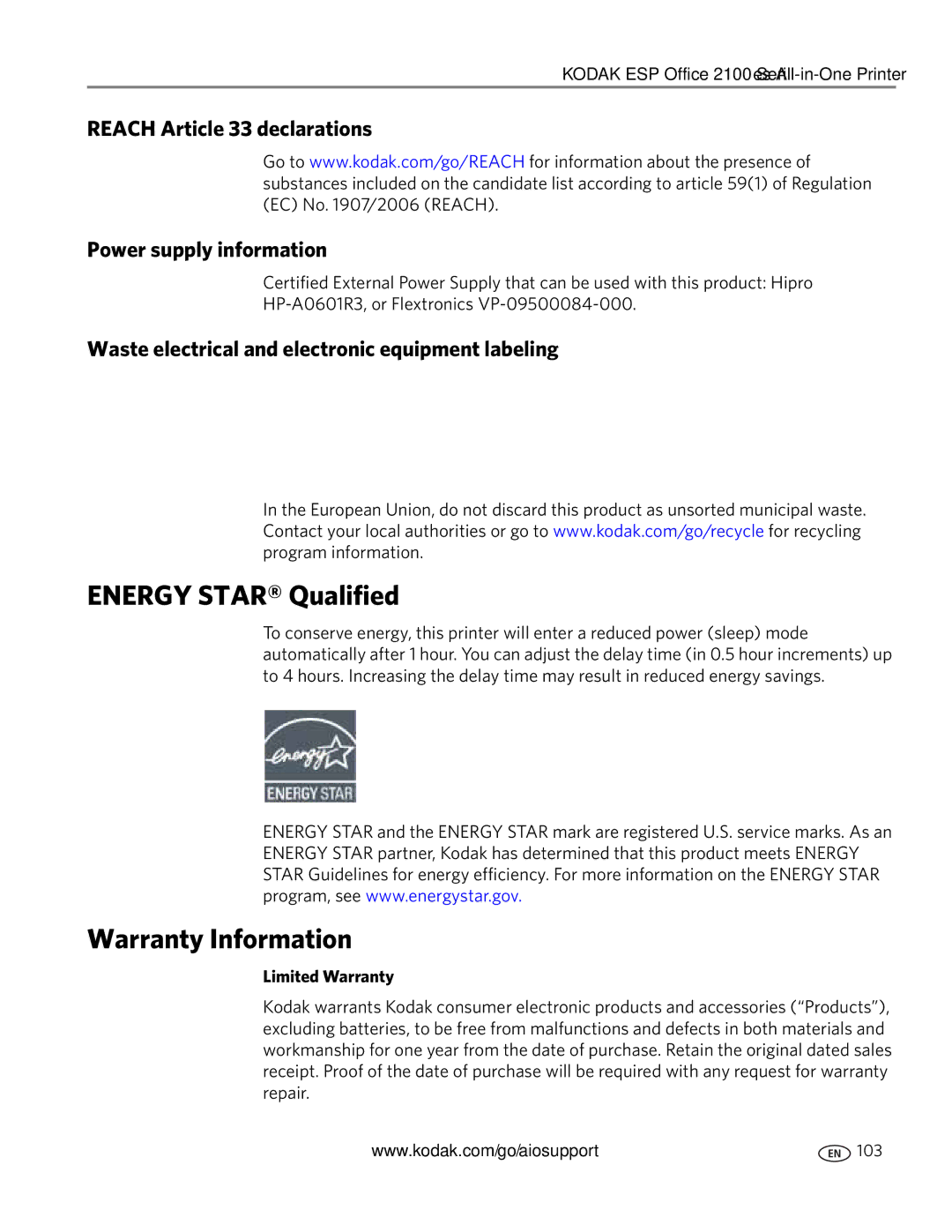 Kodak 2100 manual Energy Star Qualified, Warranty Information, Reach Article 33 declarations Power supply information 