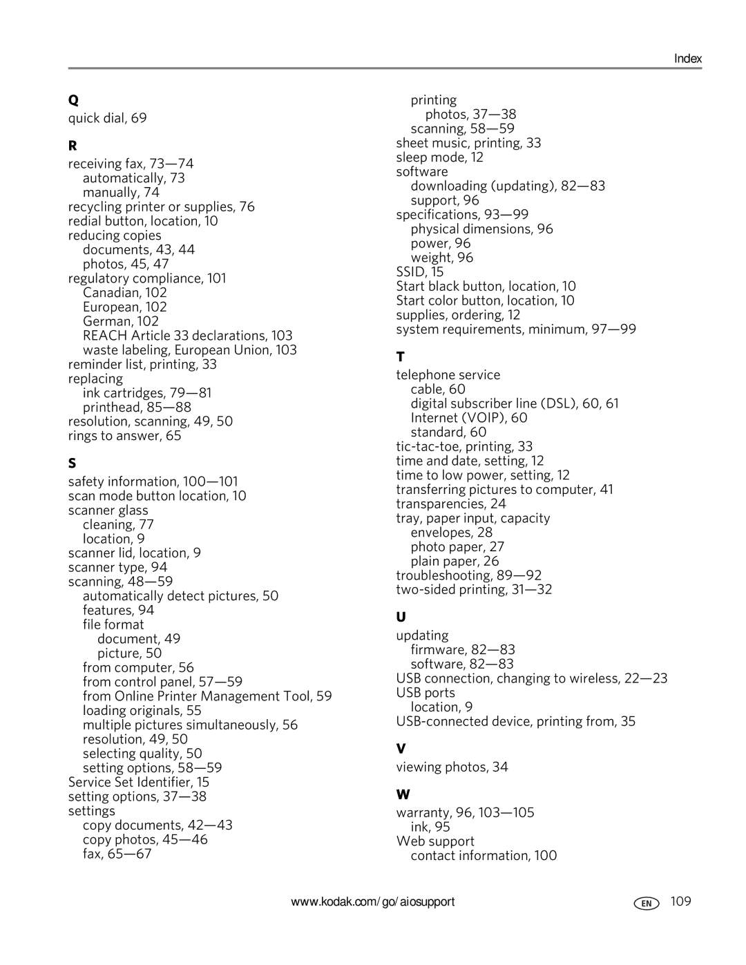 Kodak 2100 manual Reminder list, printing, 33 replacing 