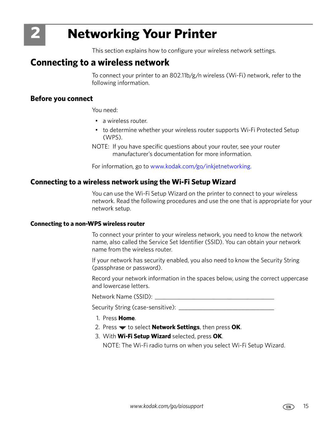 Kodak 2100 manual Networking Your Printer, Connecting to a wireless network, Before you connect 