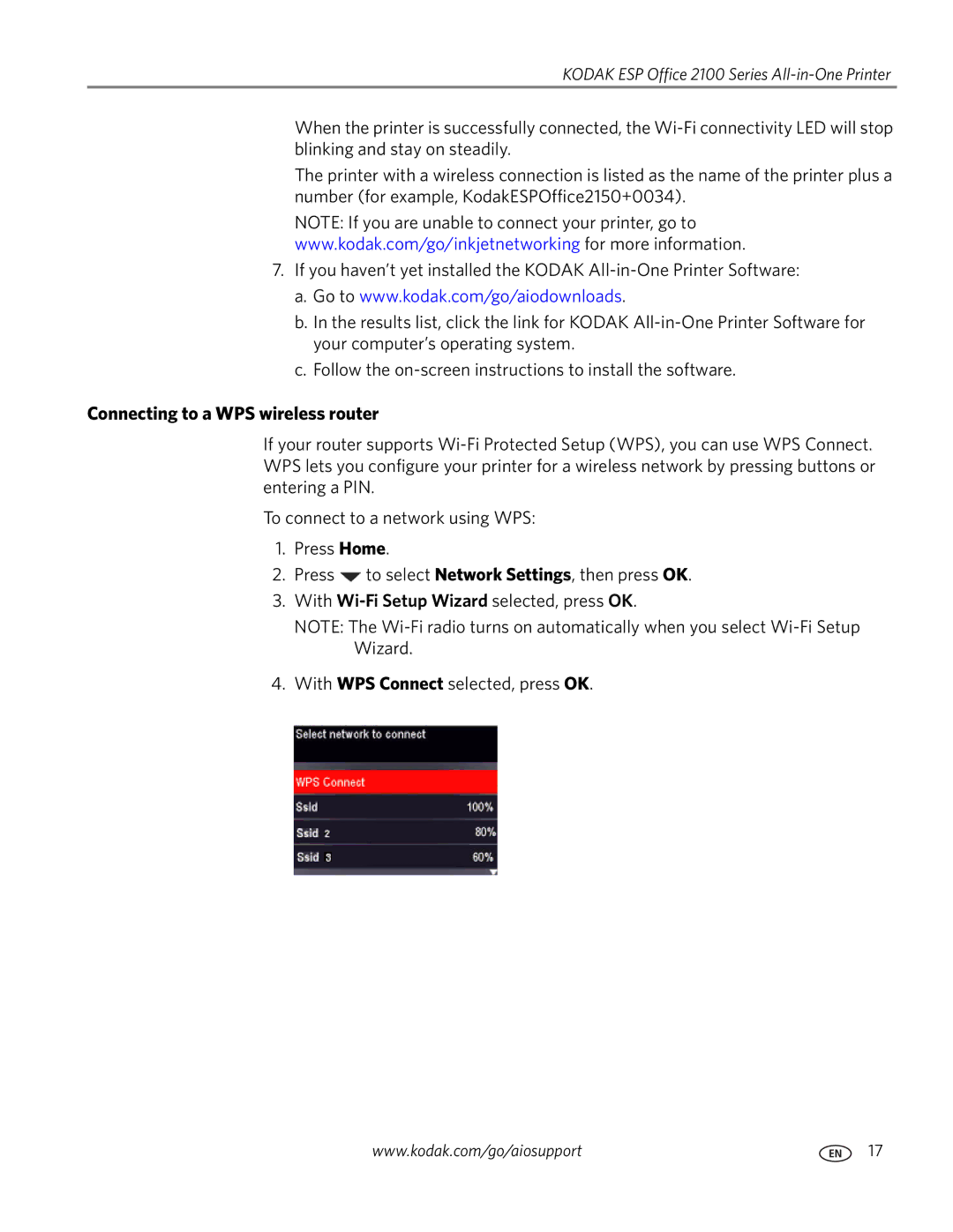 Kodak 2100 manual Connecting to a WPS wireless router 