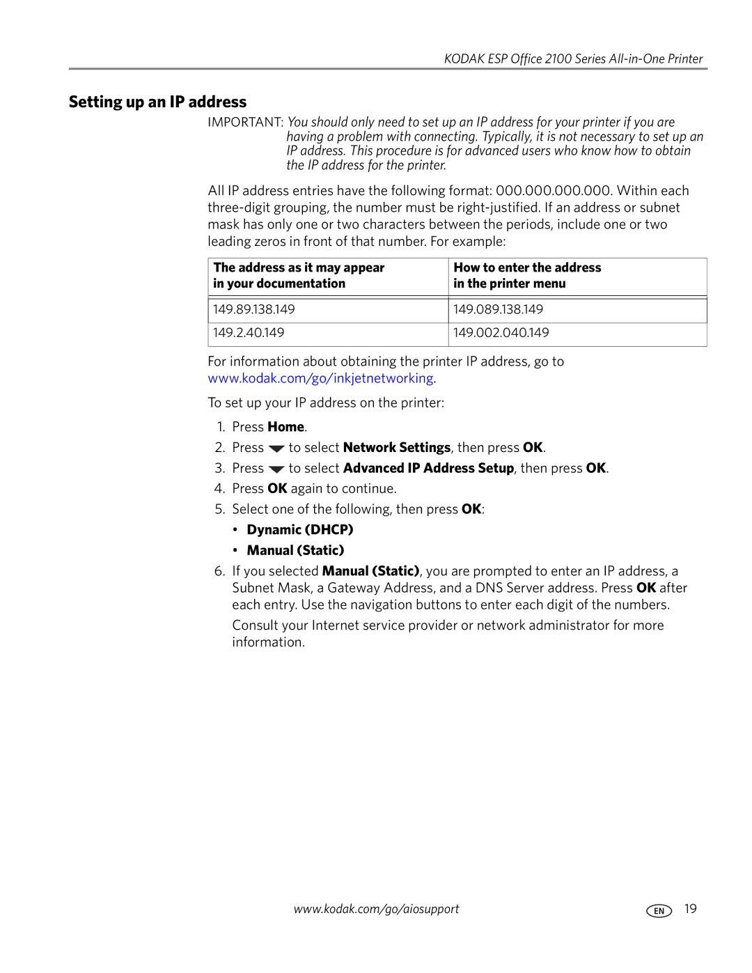 Kodak 2100 manual Setting up an IP address, Dynamic Dhcp Manual Static 