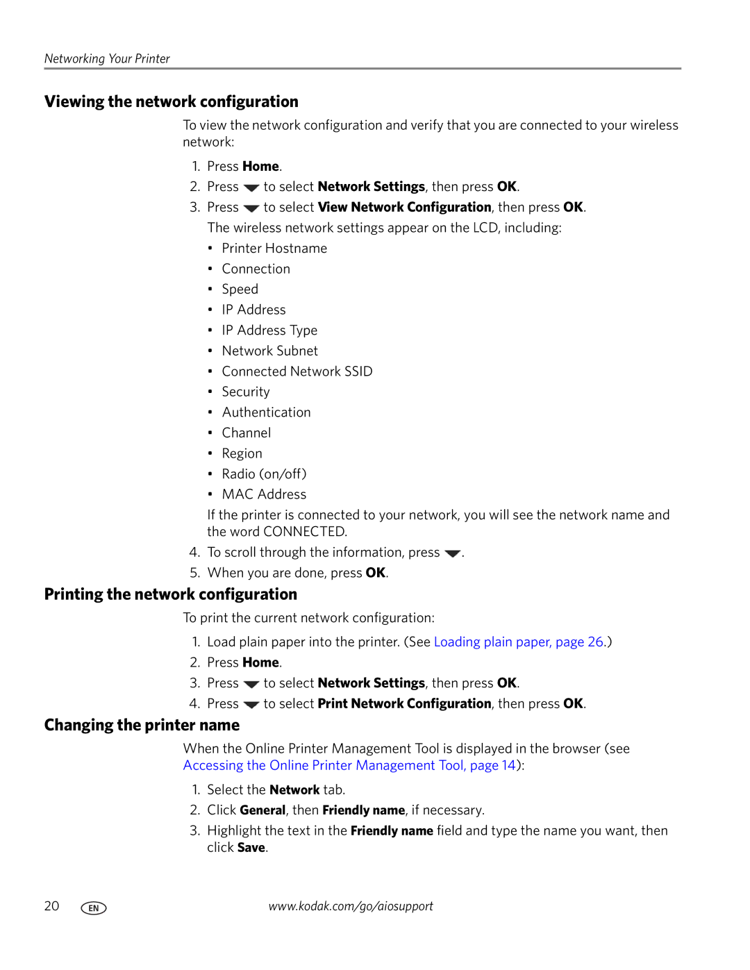 Kodak 2100 manual Viewing the network configuration, Printing the network configuration, Changing the printer name 