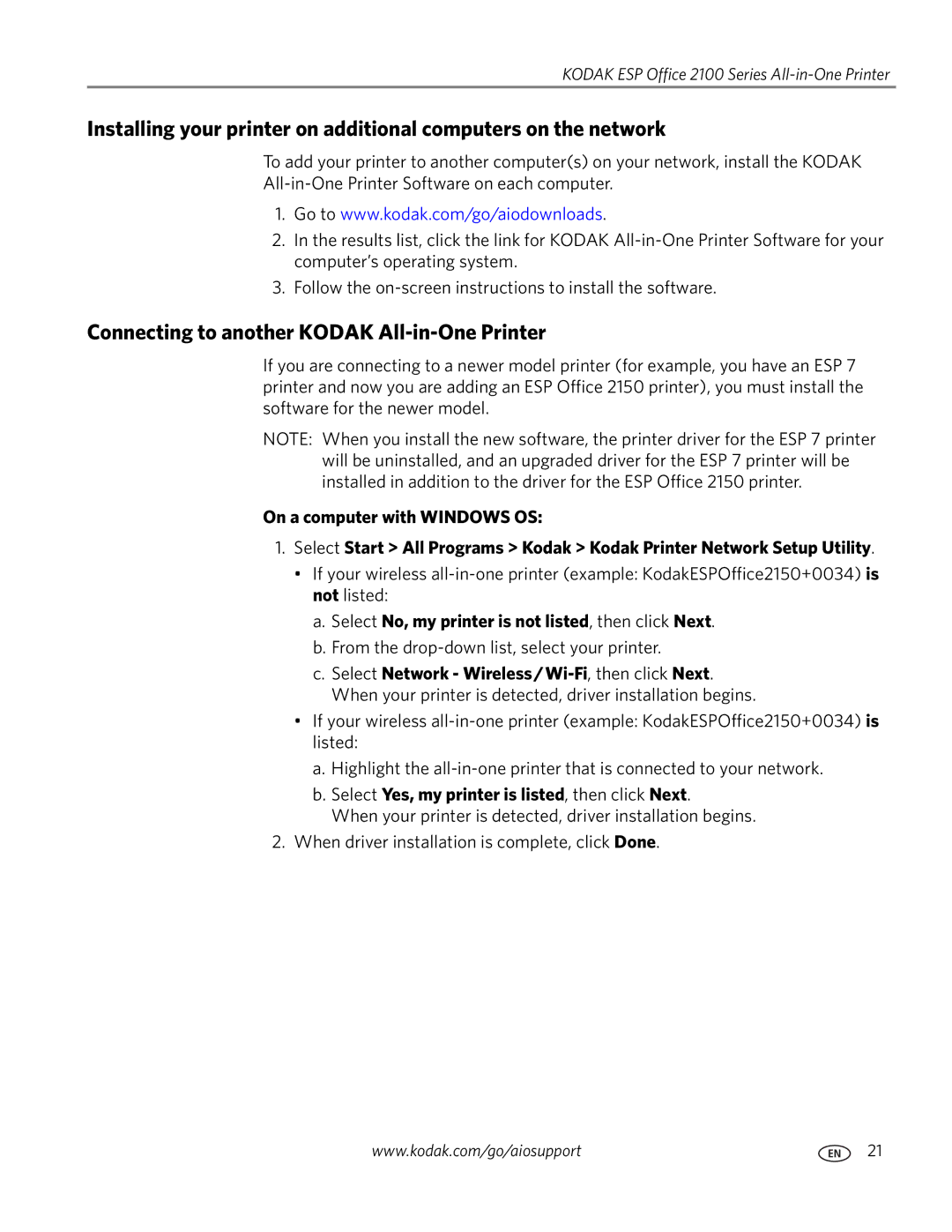 Kodak 2100 manual Connecting to another Kodak All-in-One Printer, Select No, my printer is not listed, then click Next 