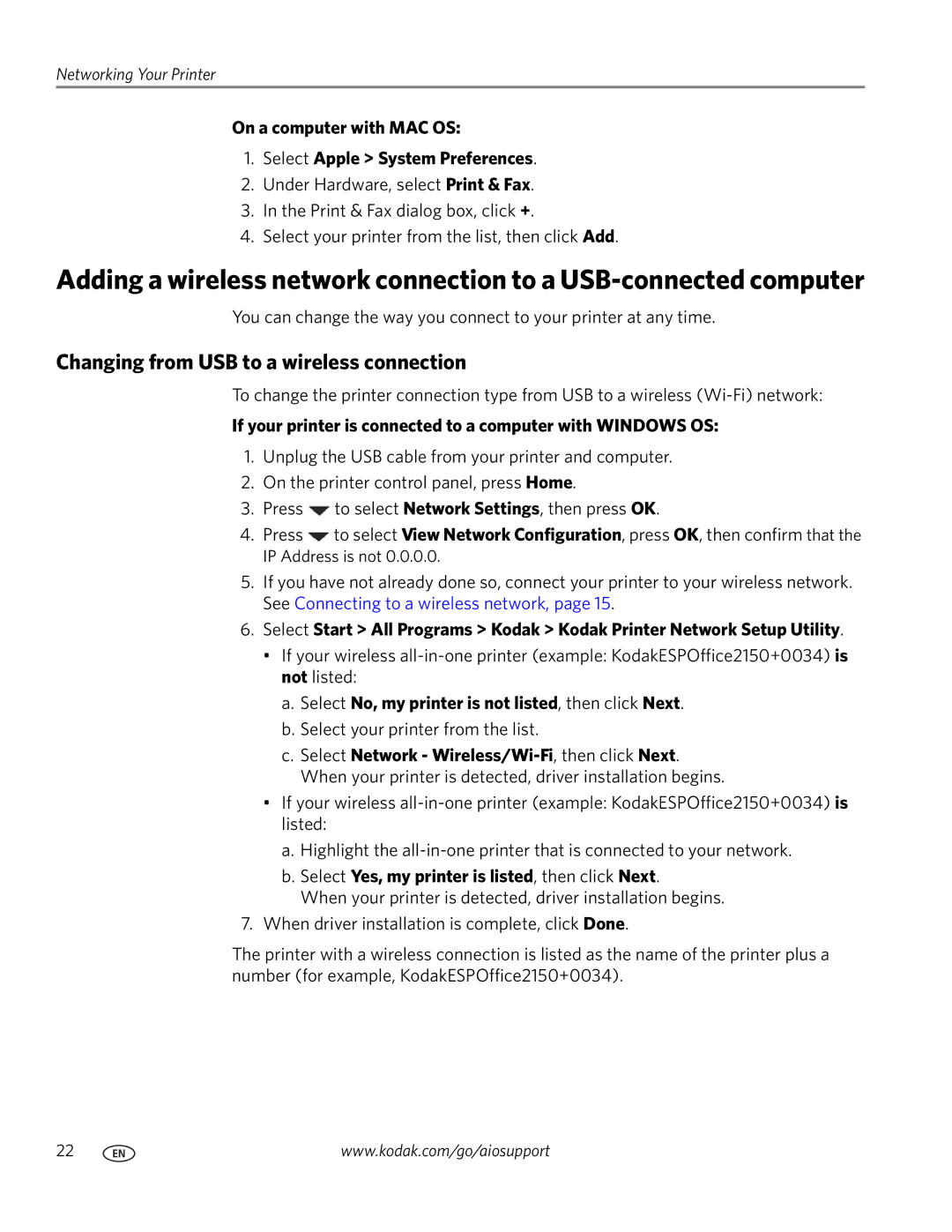 Kodak 2100 manual Changing from USB to a wireless connection, On a computer with MAC OS Select Apple System Preferences 