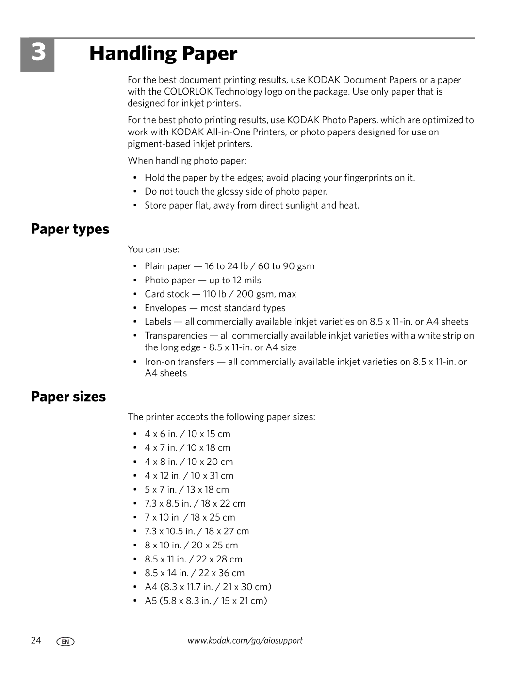 Kodak 2100 manual Handling Paper, Paper types, Paper sizes 