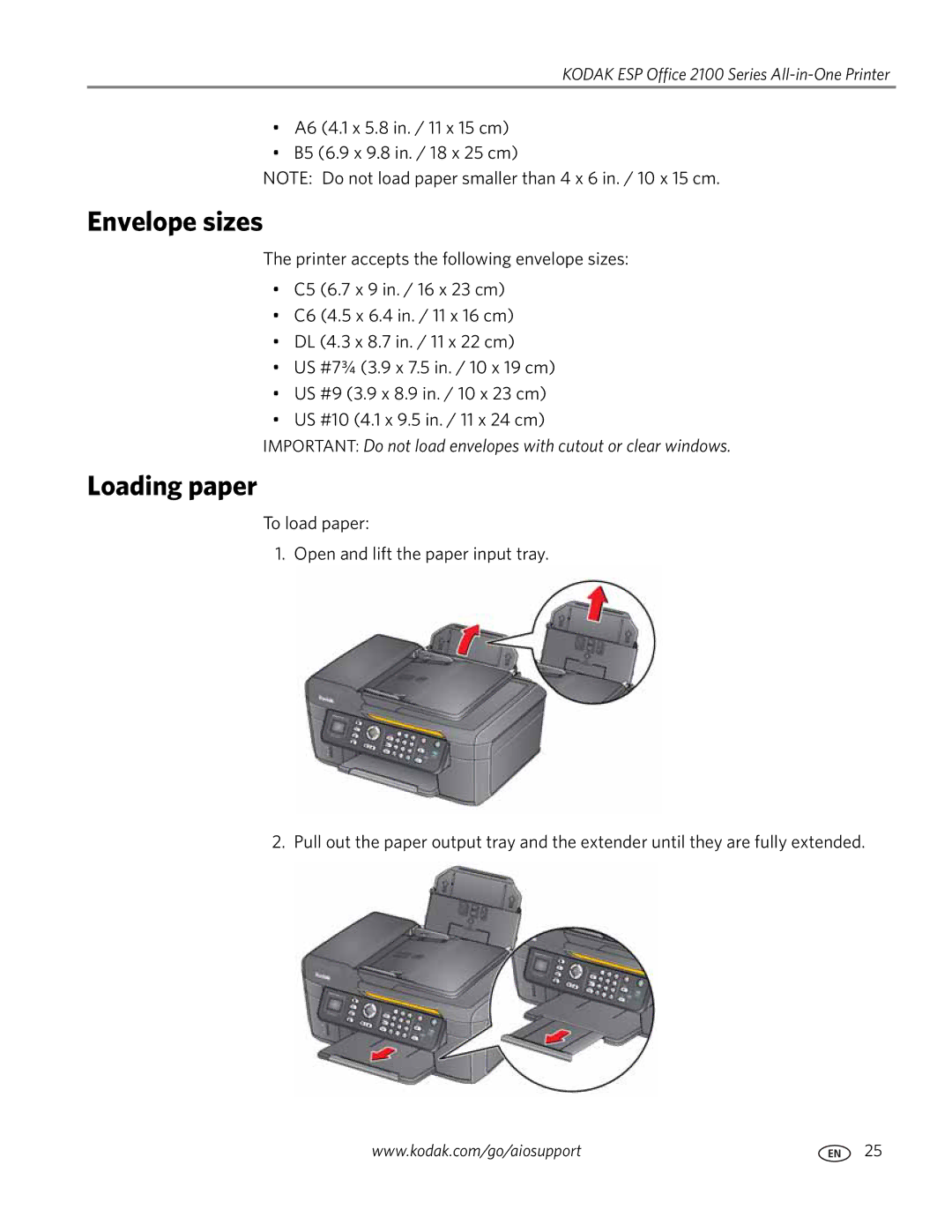 Kodak 2100 manual Envelope sizes, Loading paper 