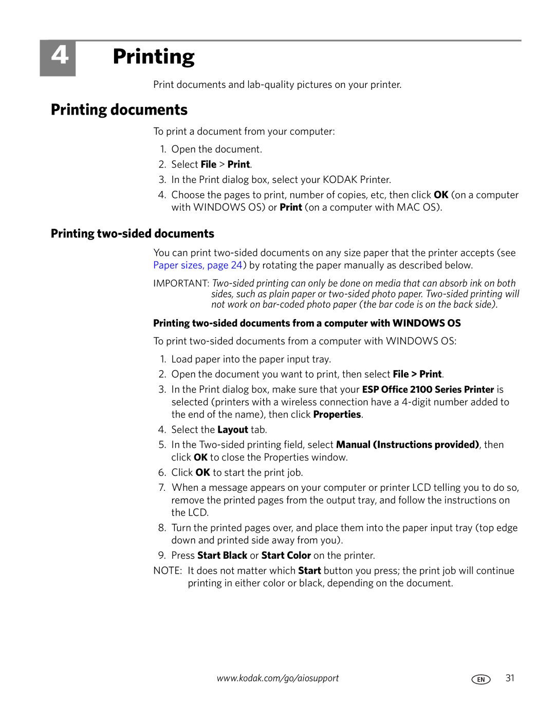 Kodak 2100 manual Printing documents, Printing two-sided documents 