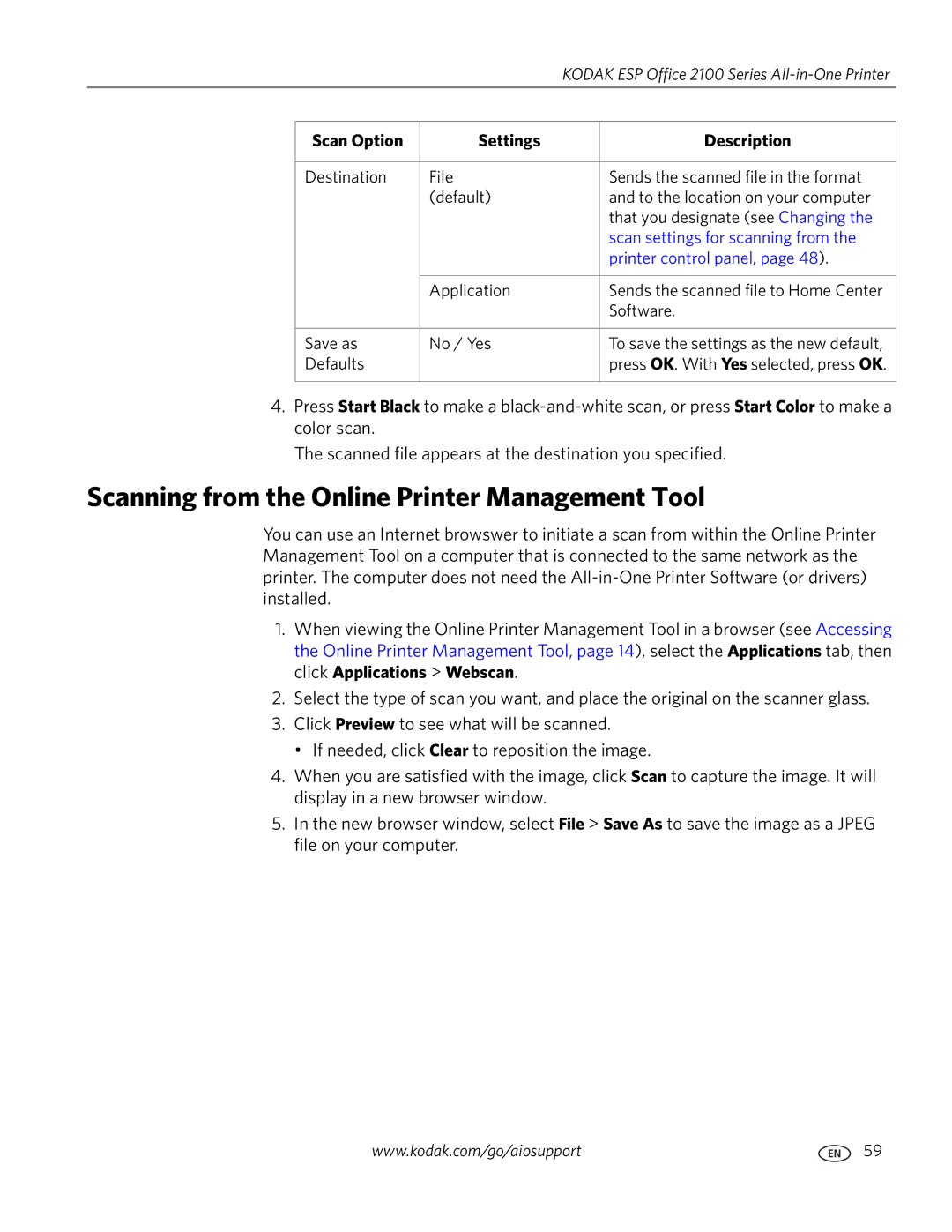 Kodak 2100 manual Scanning from the Online Printer Management Tool, Printer control panel 