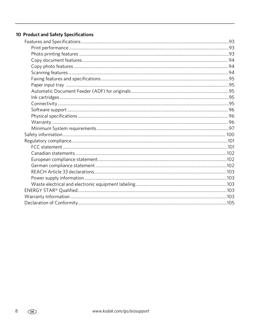 Kodak 2100 manual Product and Safety Specifications 