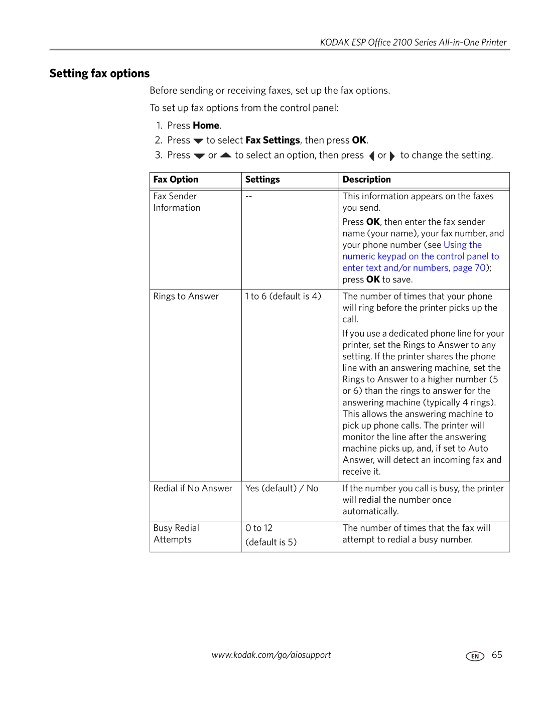 Kodak 2100 manual Setting fax options, Fax Option Settings Description 