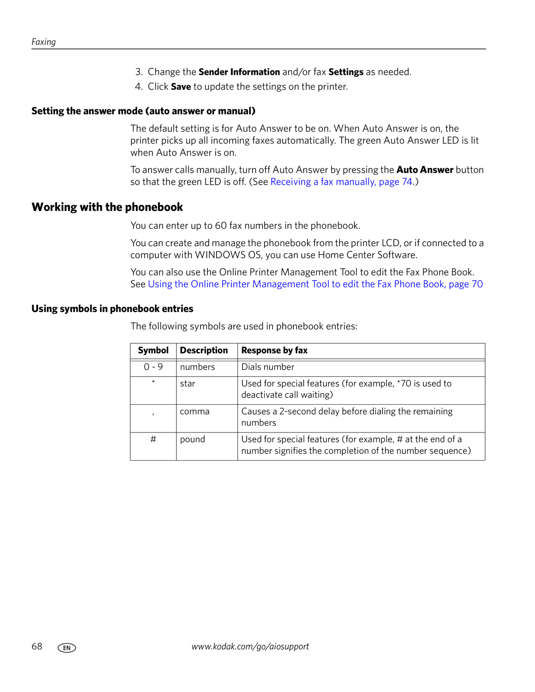 Kodak 2100 Working with the phonebook, Setting the answer mode auto answer or manual, Using symbols in phonebook entries 