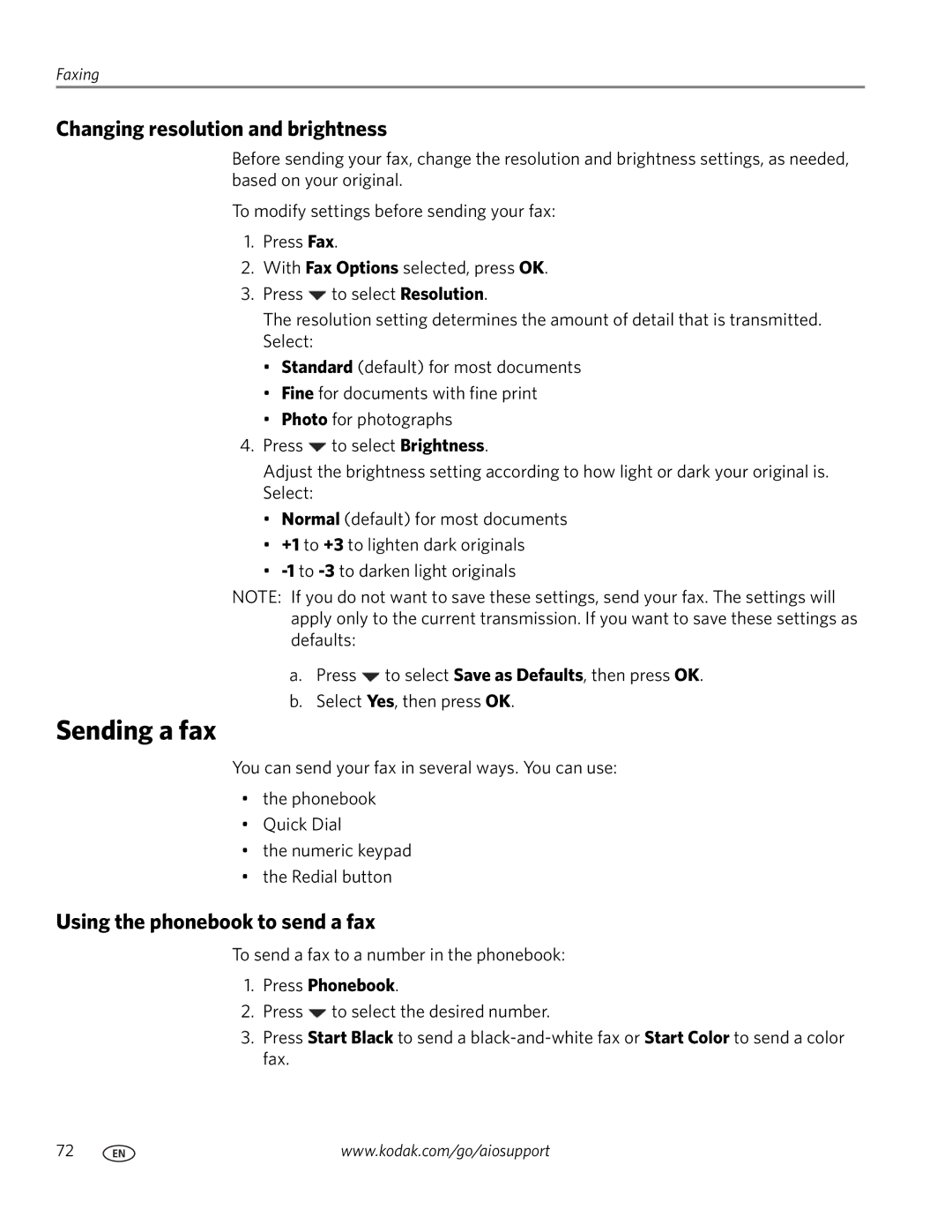 Kodak 2100 manual Sending a fax, Changing resolution and brightness, Using the phonebook to send a fax 