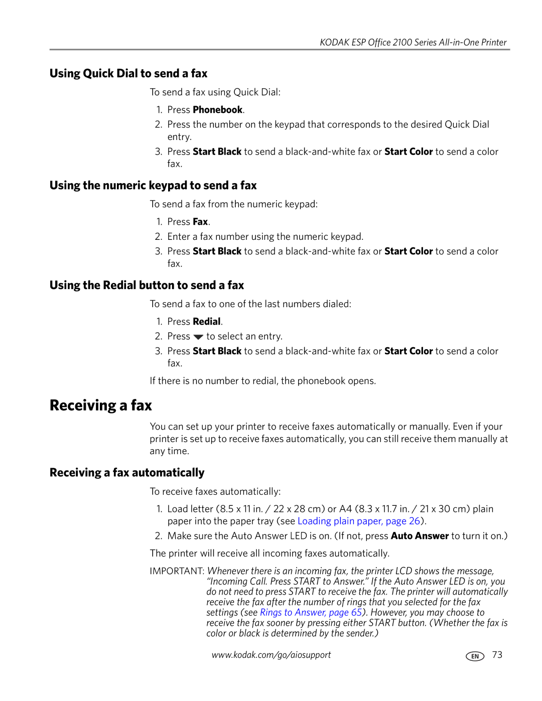 Kodak 2100 manual Receiving a fax, Using Quick Dial to send a fax, Using the numeric keypad to send a fax 