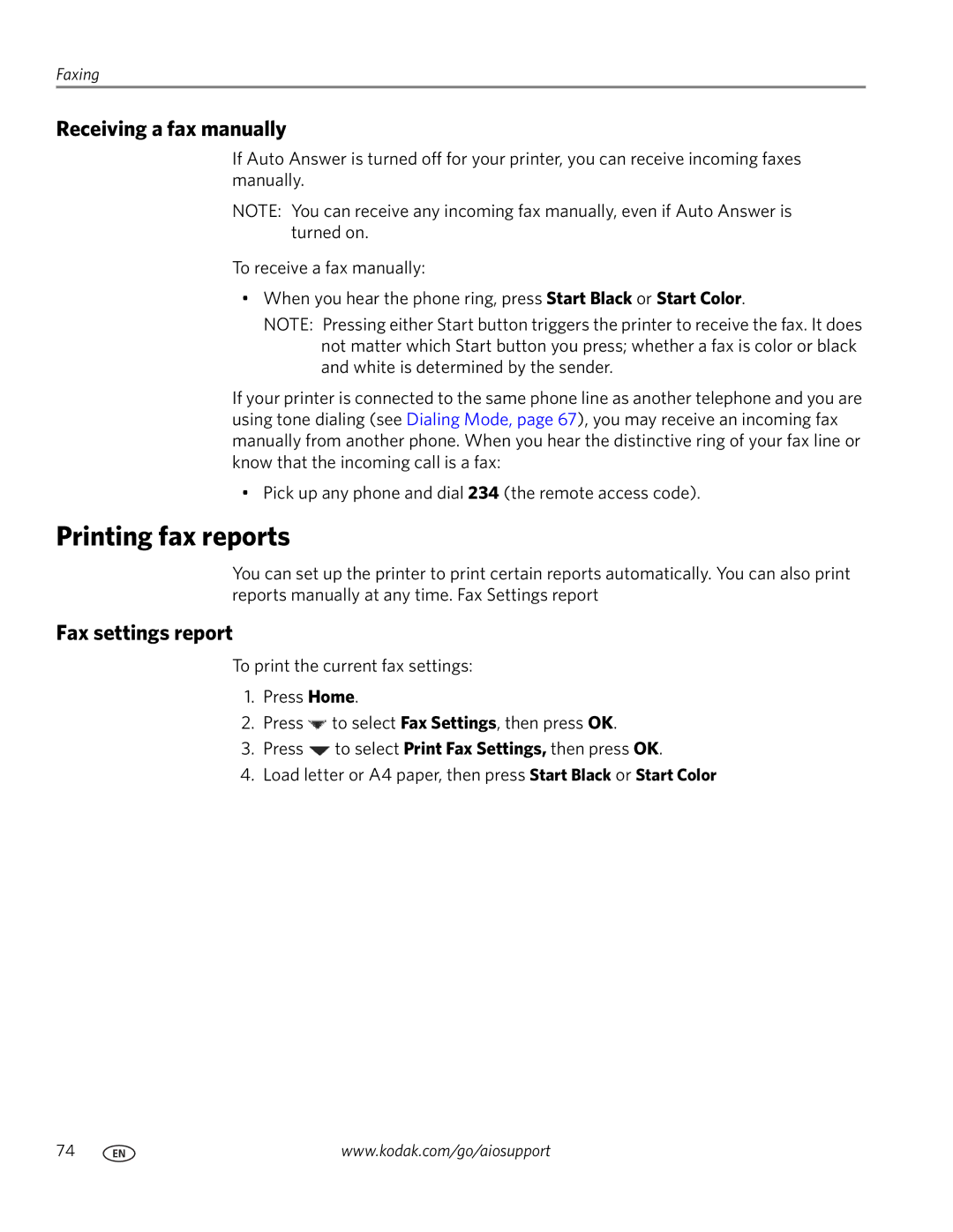 Kodak 2100 Printing fax reports, Receiving a fax manually, Fax settings report 