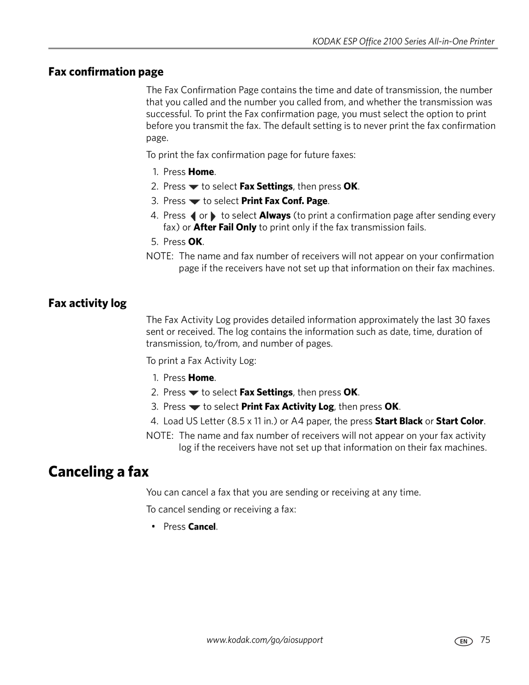 Kodak 2100 manual Canceling a fax, Fax confirmation, Fax activity log, Press to select Print Fax Conf 