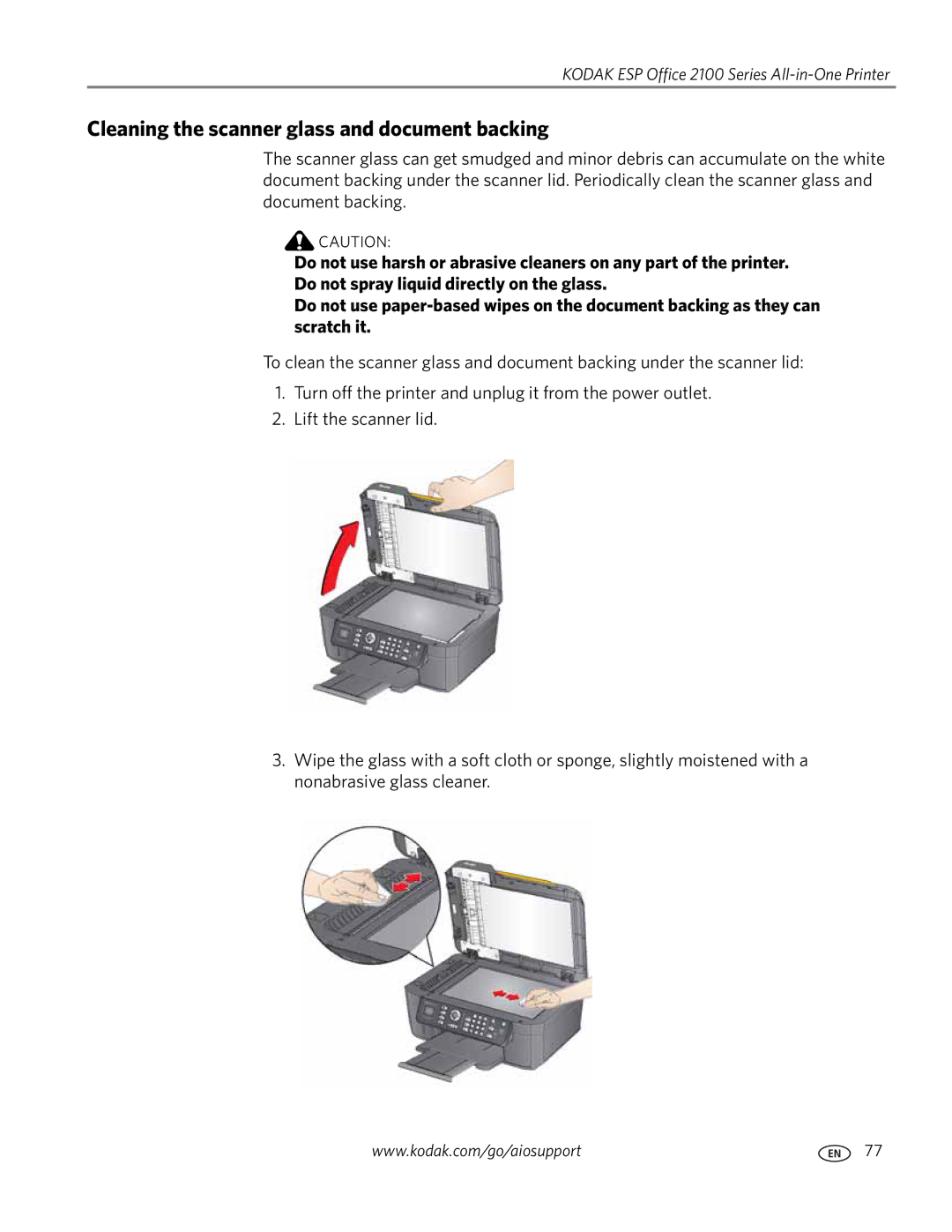 Kodak 2100 manual Cleaning the scanner glass and document backing 