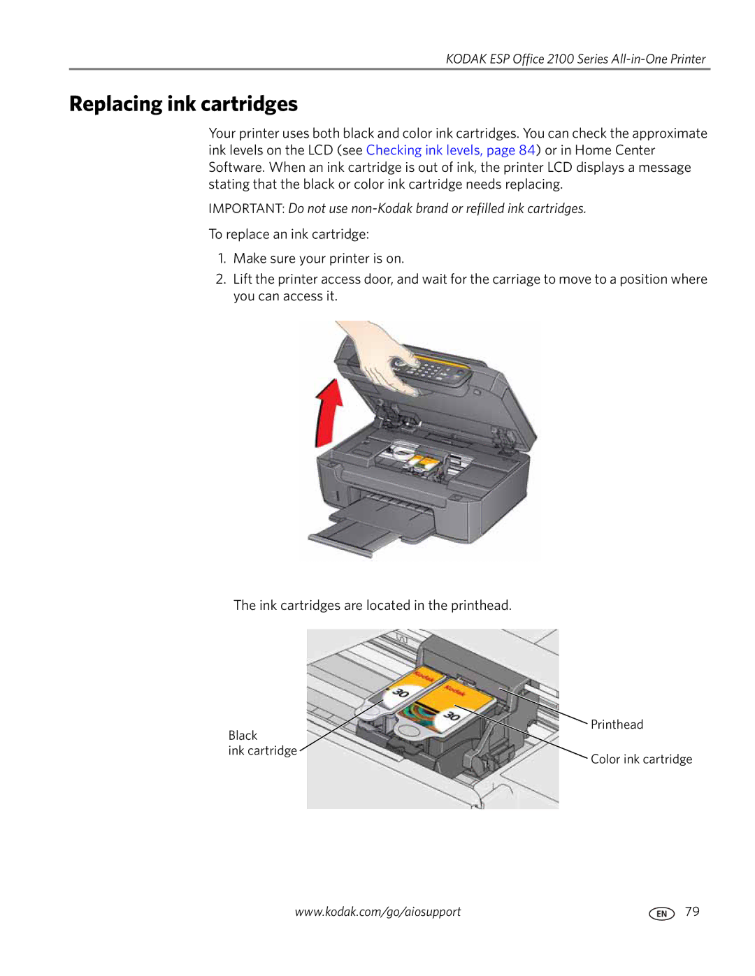 Kodak 2100 manual Replacing ink cartridges 