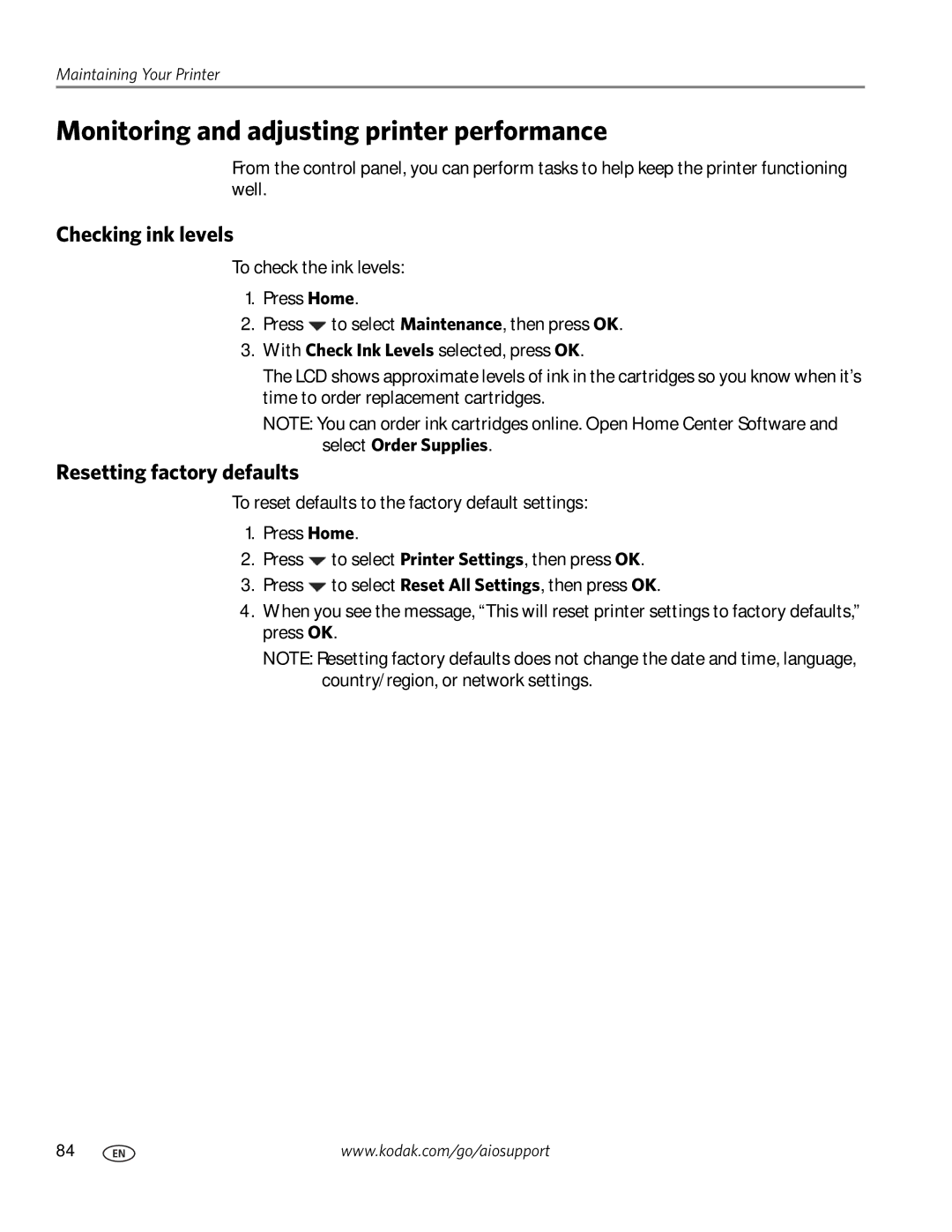 Kodak 2100 manual Monitoring and adjusting printer performance, Checking ink levels, Resetting factory defaults 