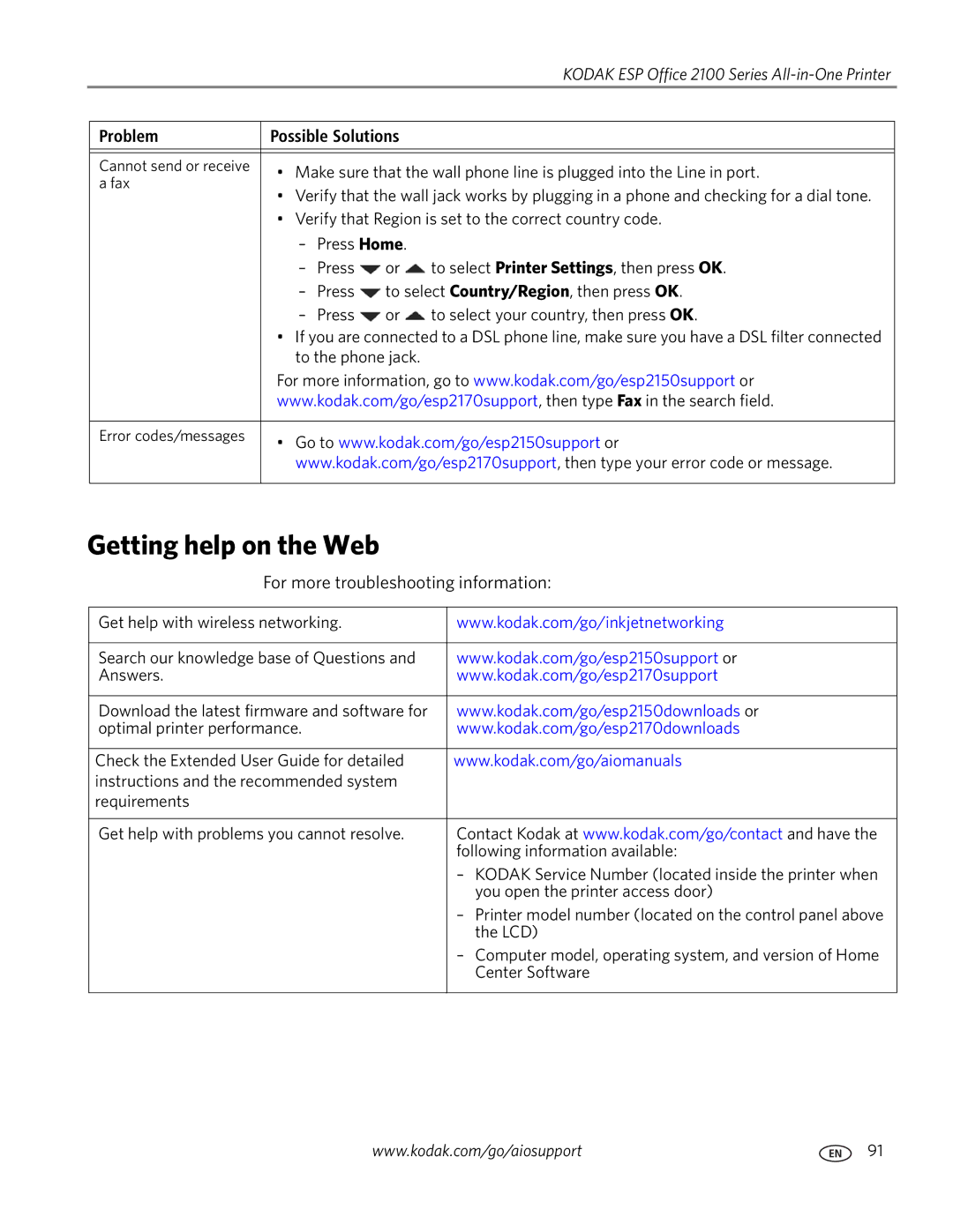 Kodak 2100 manual Getting help on the Web, For more troubleshooting information 