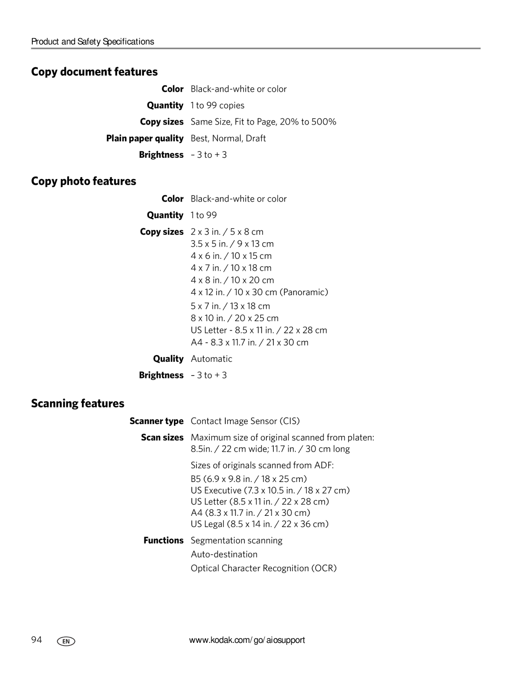 Kodak 2100 manual Copy document features, Copy photo features, Scanning features 