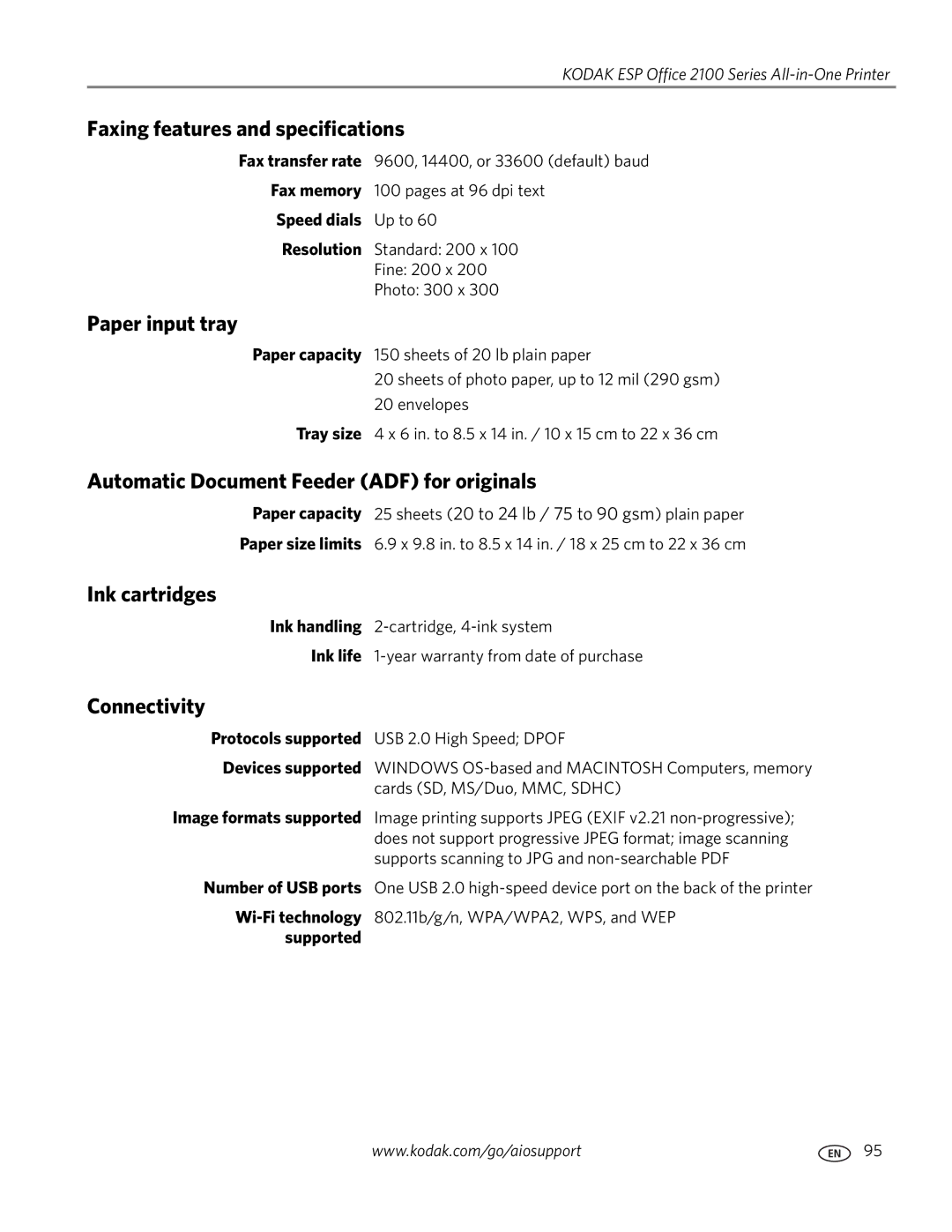 Kodak 2100 Faxing features and specifications, Paper input tray, Automatic Document Feeder ADF for originals, Connectivity 