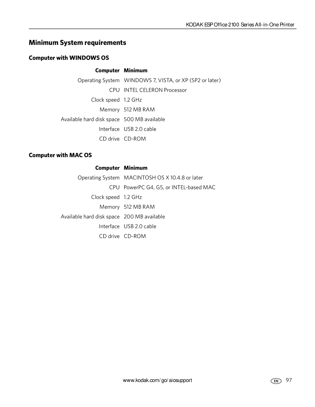 Kodak 2100 manual Minimum System requirements, Computer with Windows OS, Computer with MAC OS, Computer Minimum 