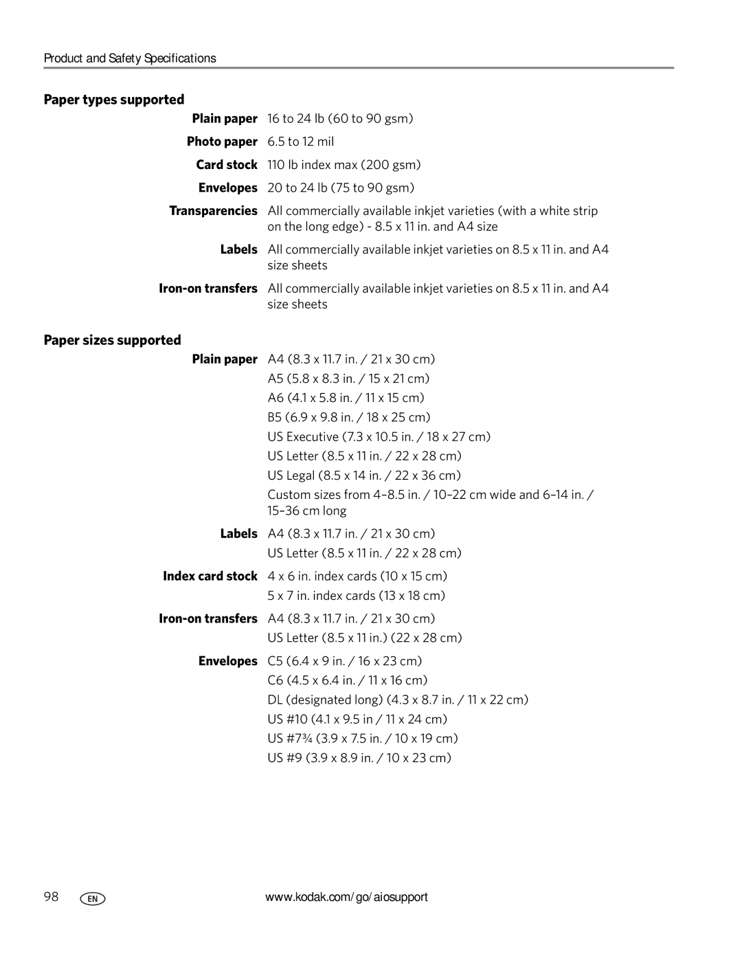 Kodak 2100 manual Paper types supported, Paper sizes supported 