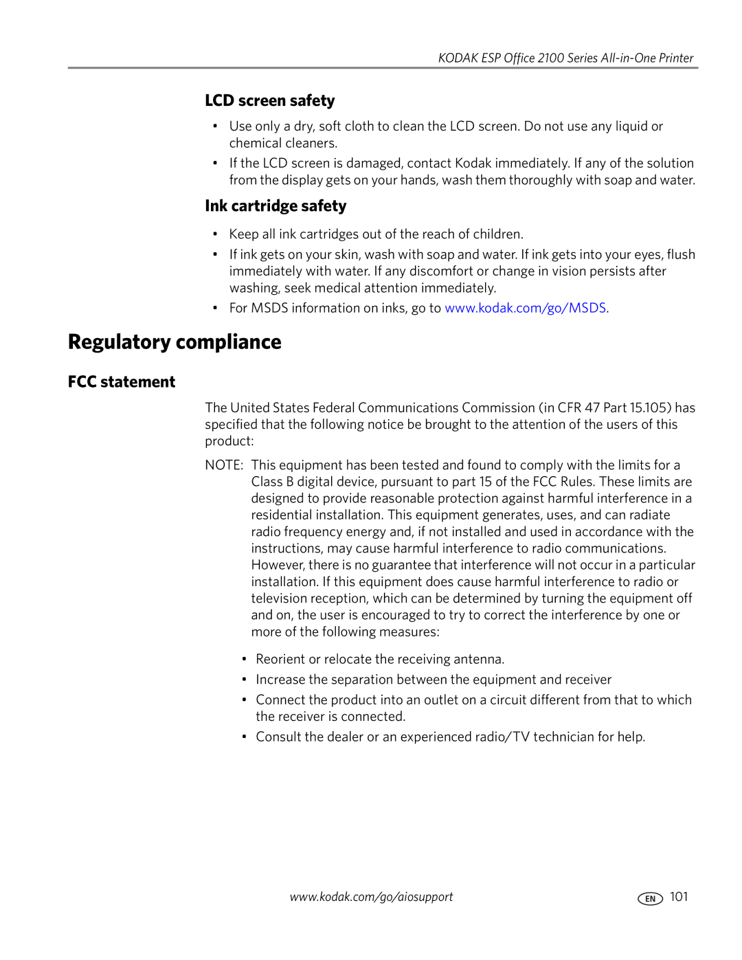 Kodak 2100 manual Regulatory compliance, LCD screen safety, Ink cartridge safety, FCC statement 