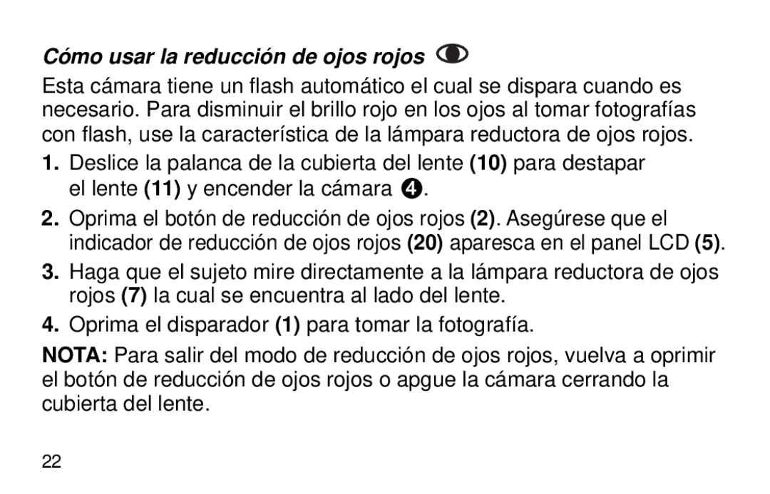 Kodak 2100 manual Cómo usar la reducción de ojos rojos 